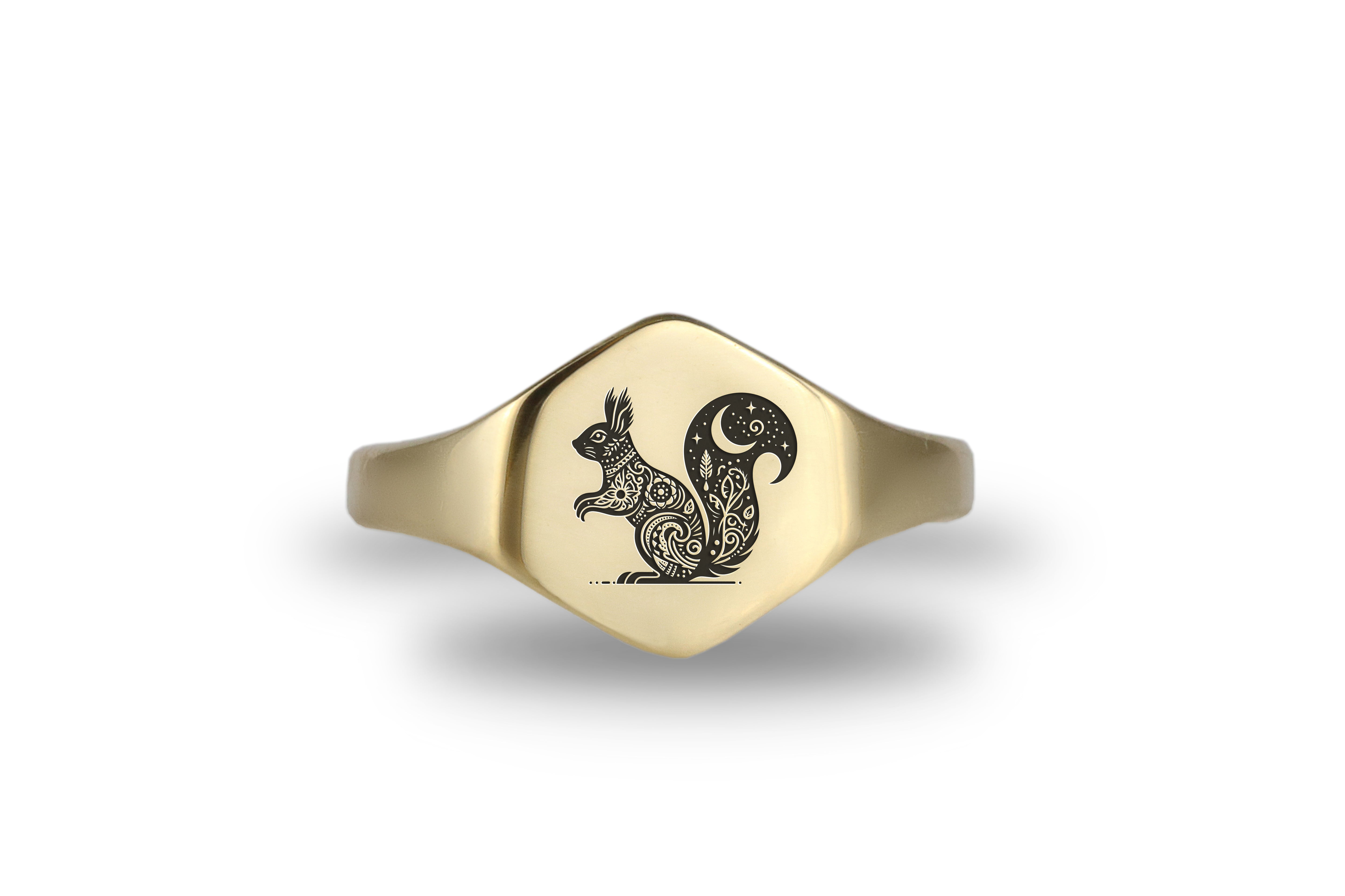 Custom Gold Hexagon Signet Ring with Cute Squirrel Engraving