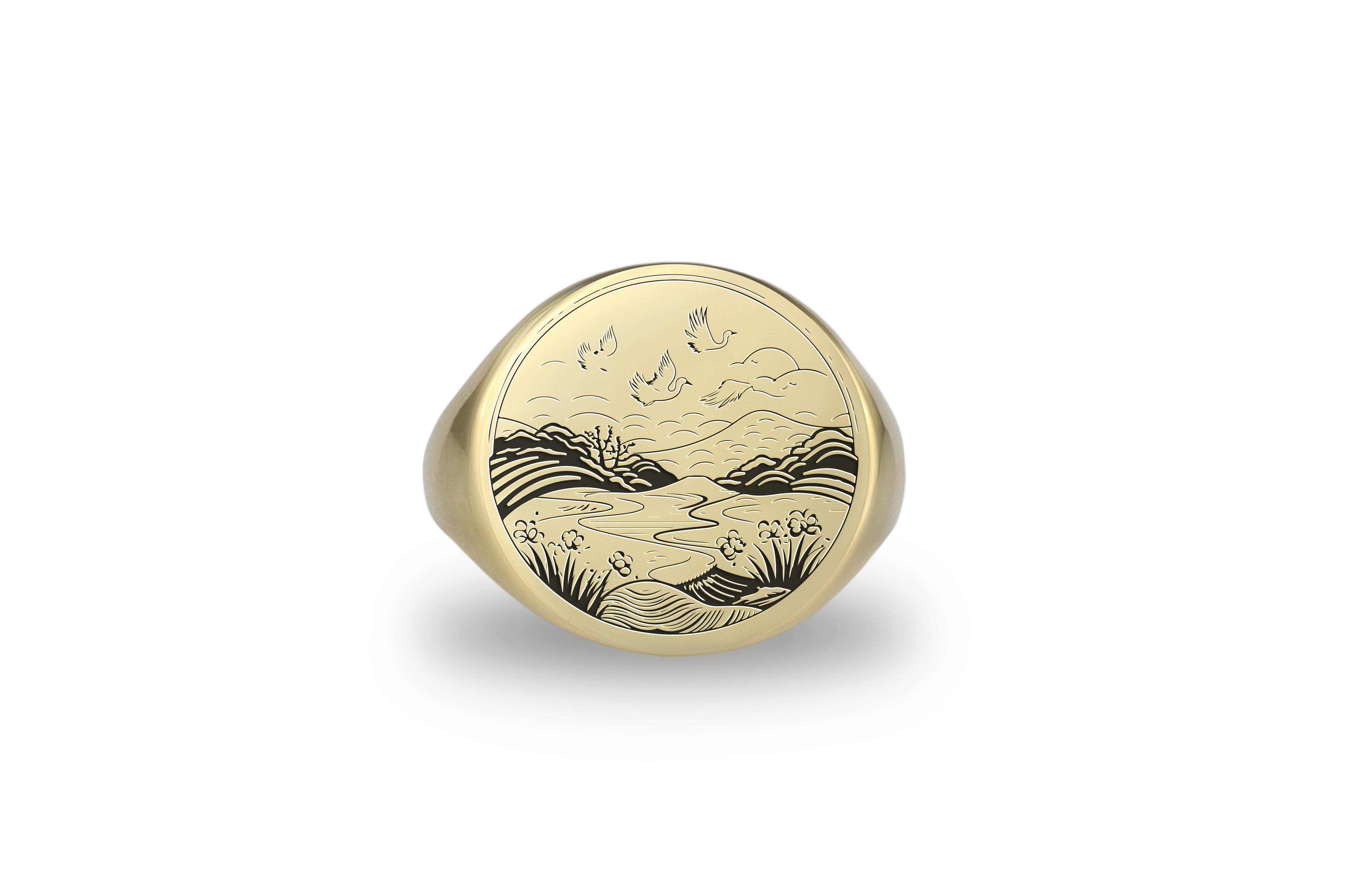 14k Gold Japanese Landscape Signet Ring