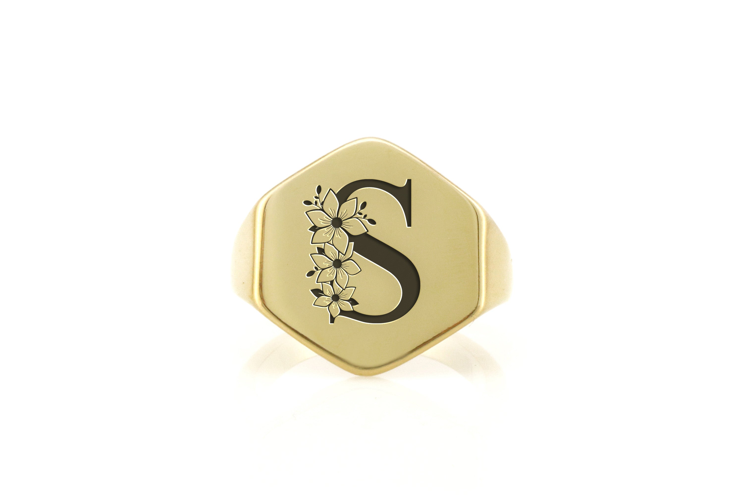 Flower Decorated Letter Gold Ring