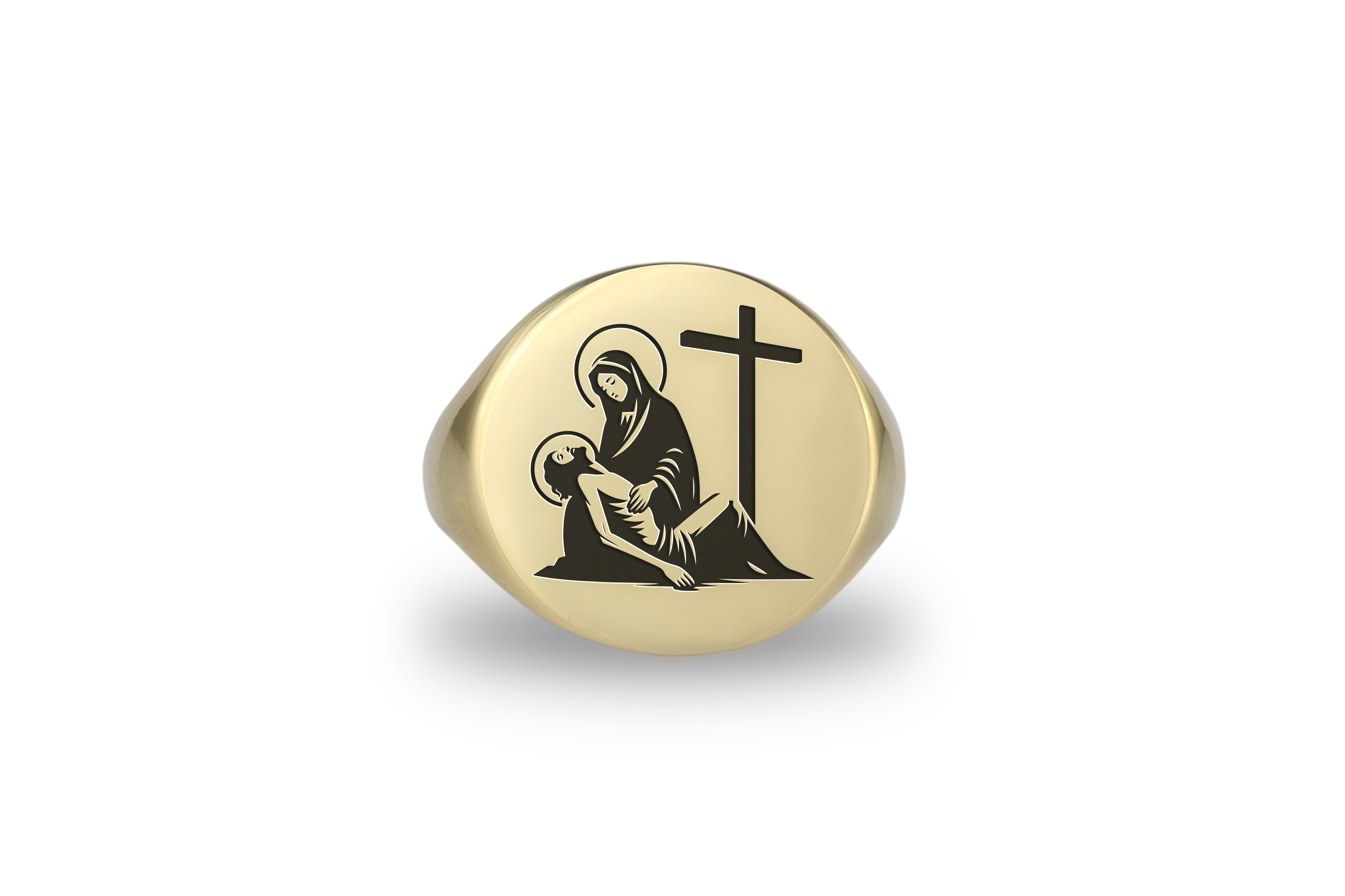 Mother Mary and Jesus Crucifix Gold Signet Ring