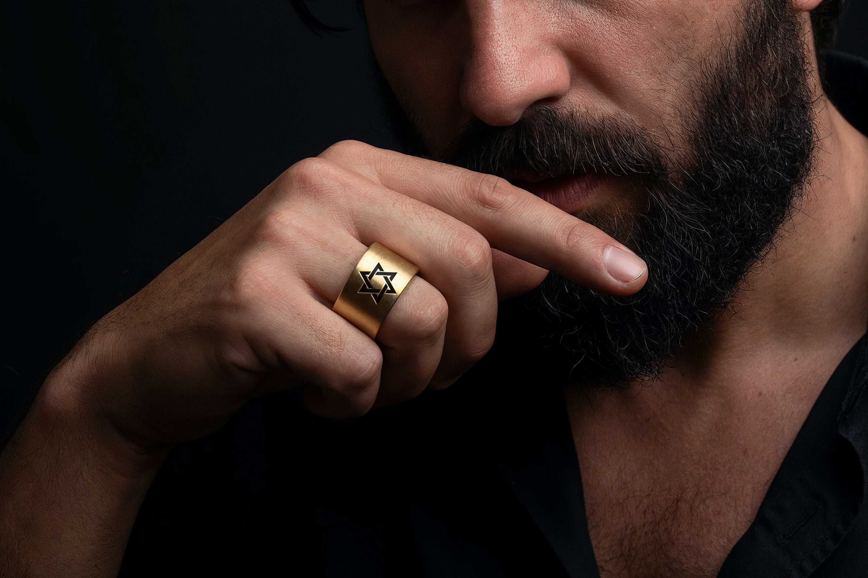 Jewish Wide Brushed Gold Ring