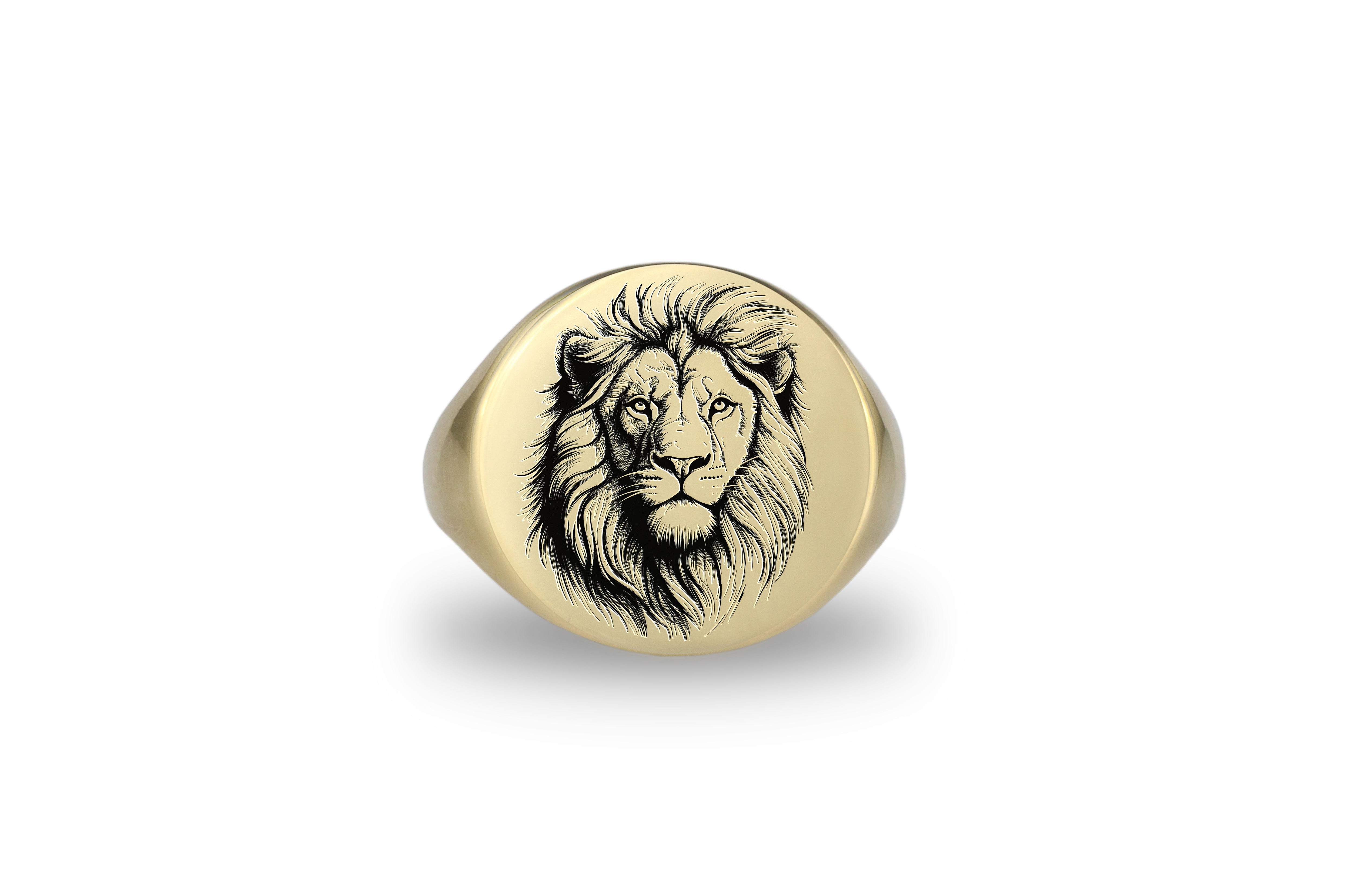 Gold Engraved Lion Sketch Signet Ring