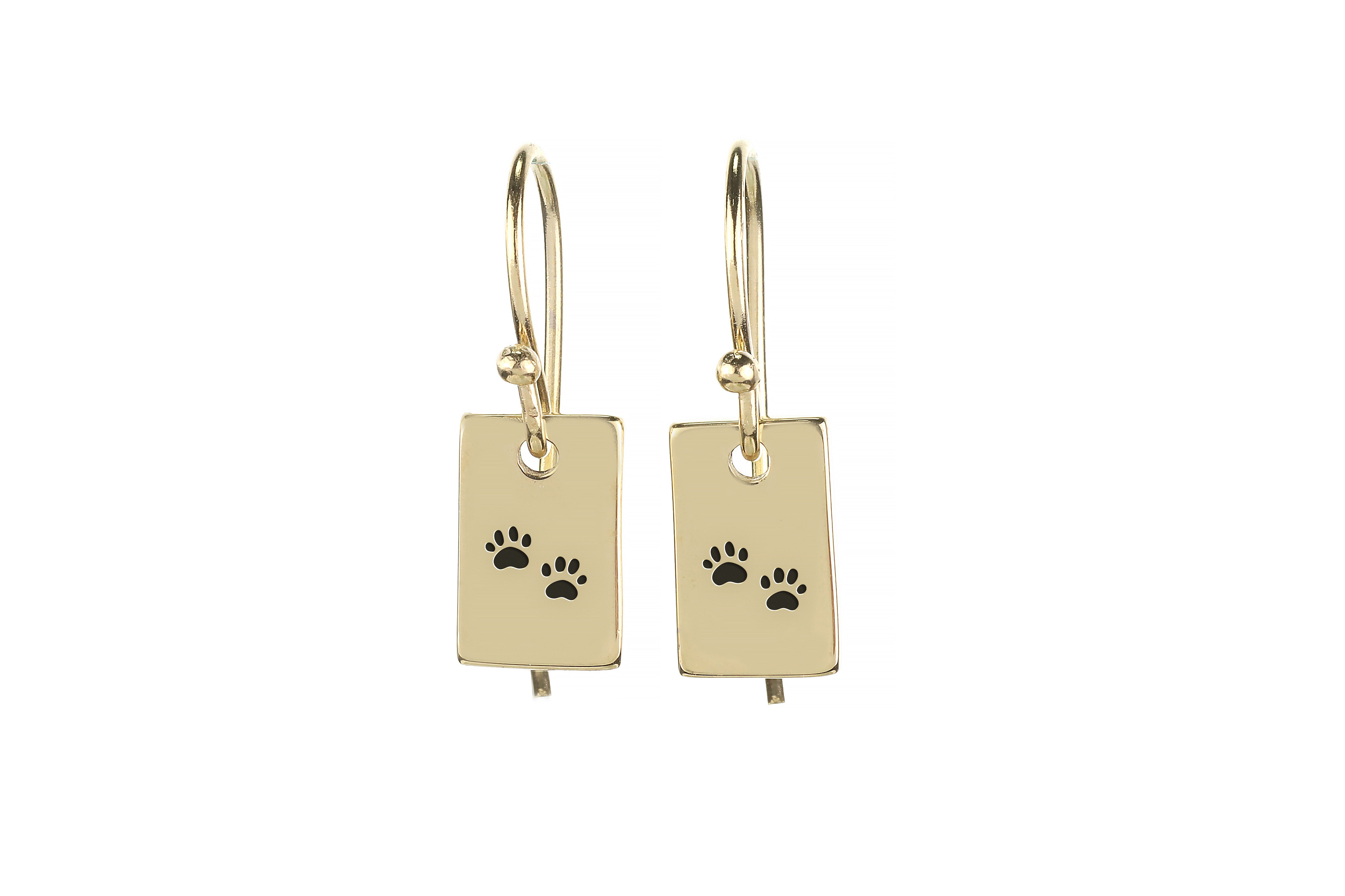Custom Gold Rectangle Earrings with Paw Engraving