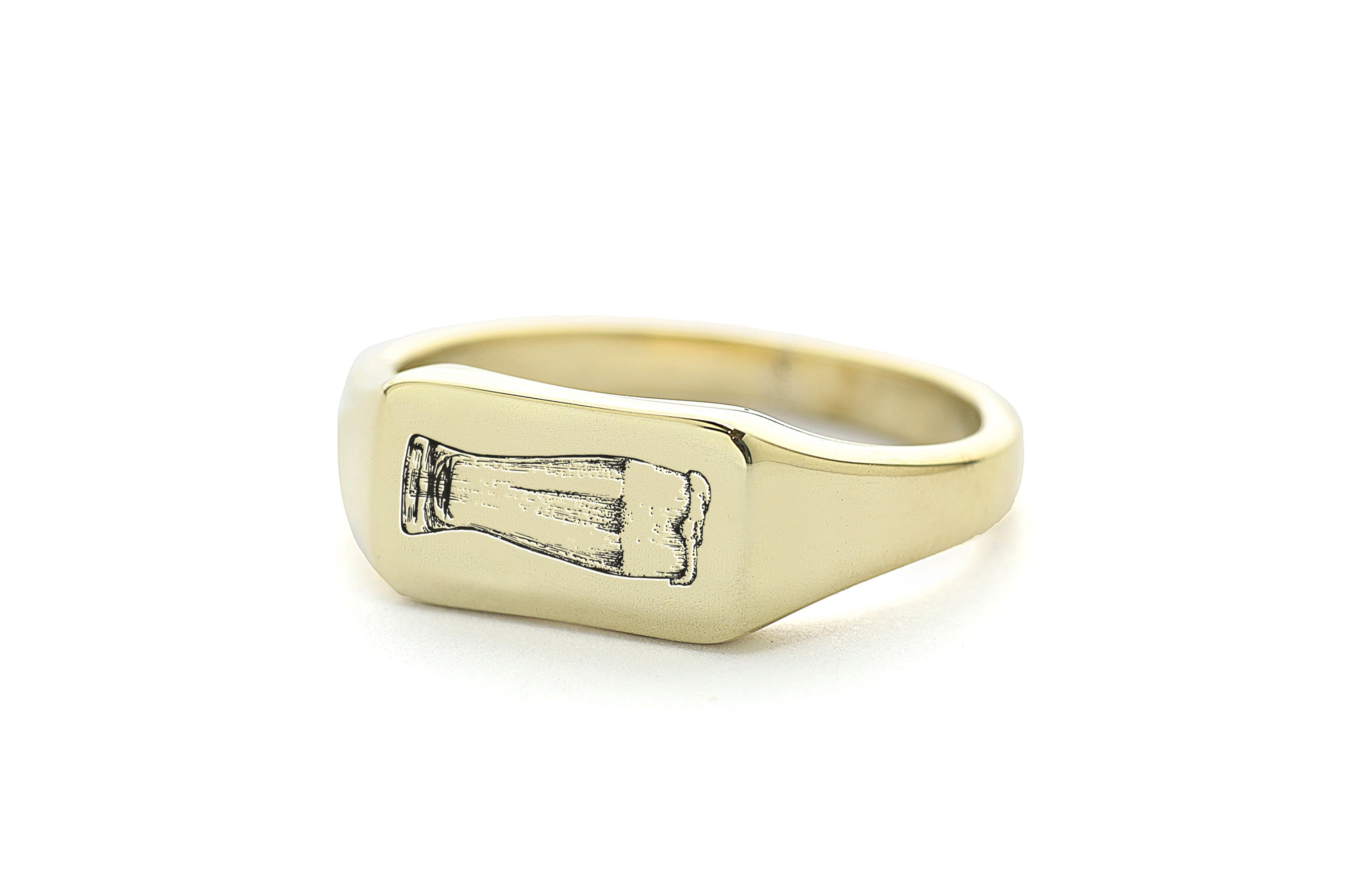 Custom Gold Rectangle Shaped Signet Ring with Engraved Beer Design