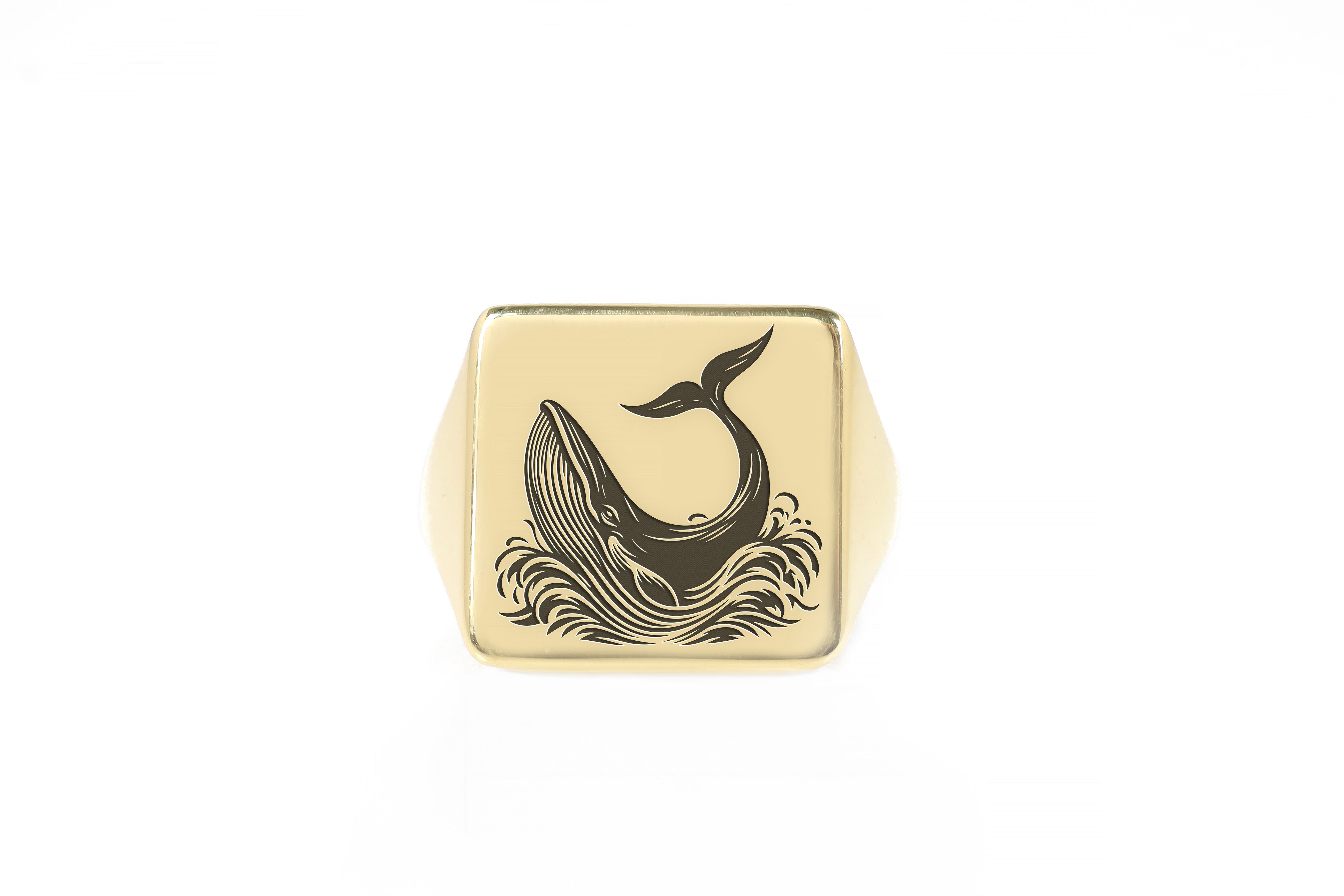 Engraved Whale Gold Signet Ring