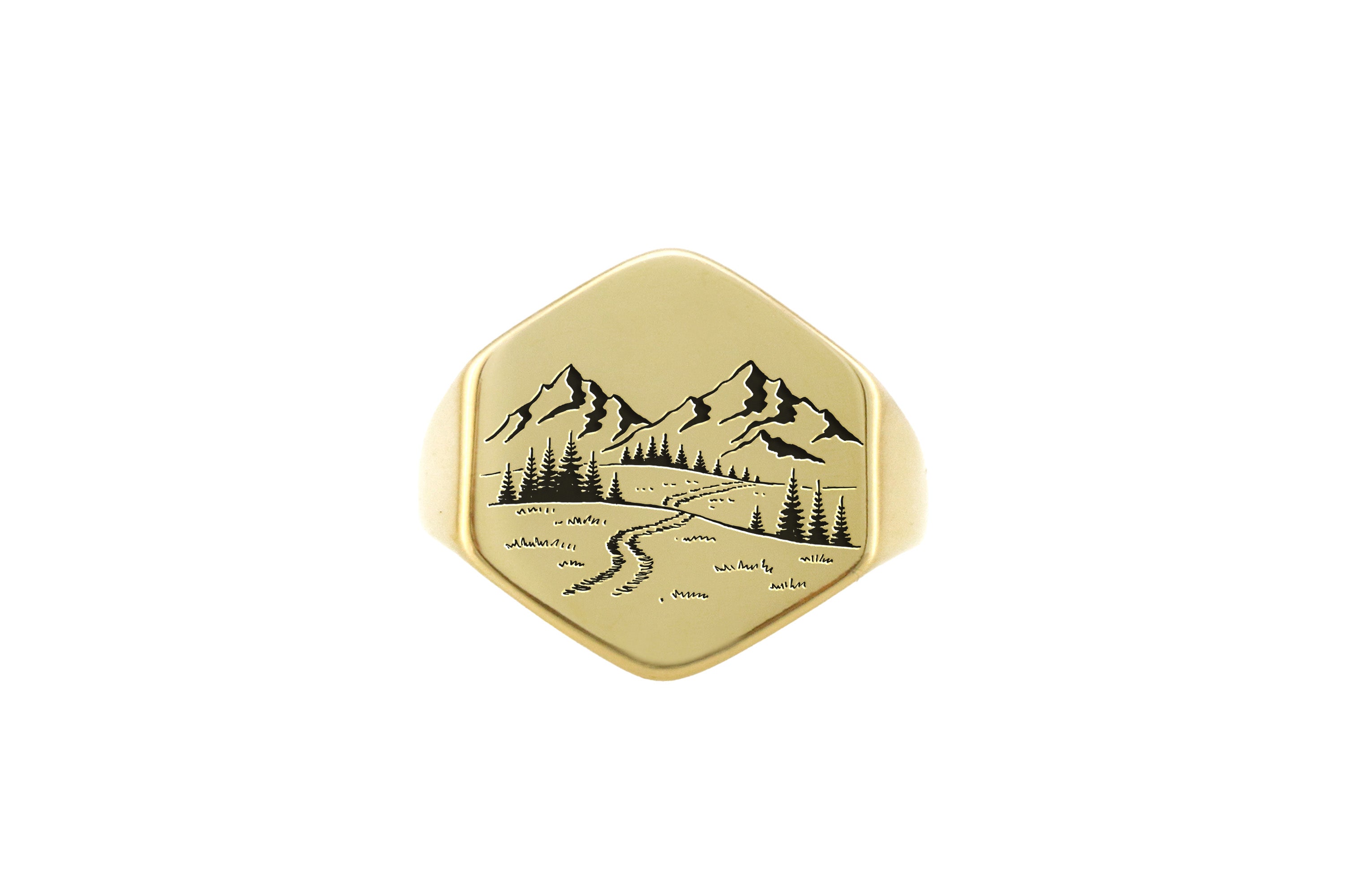 Engraved Forest Gold Signet Ring