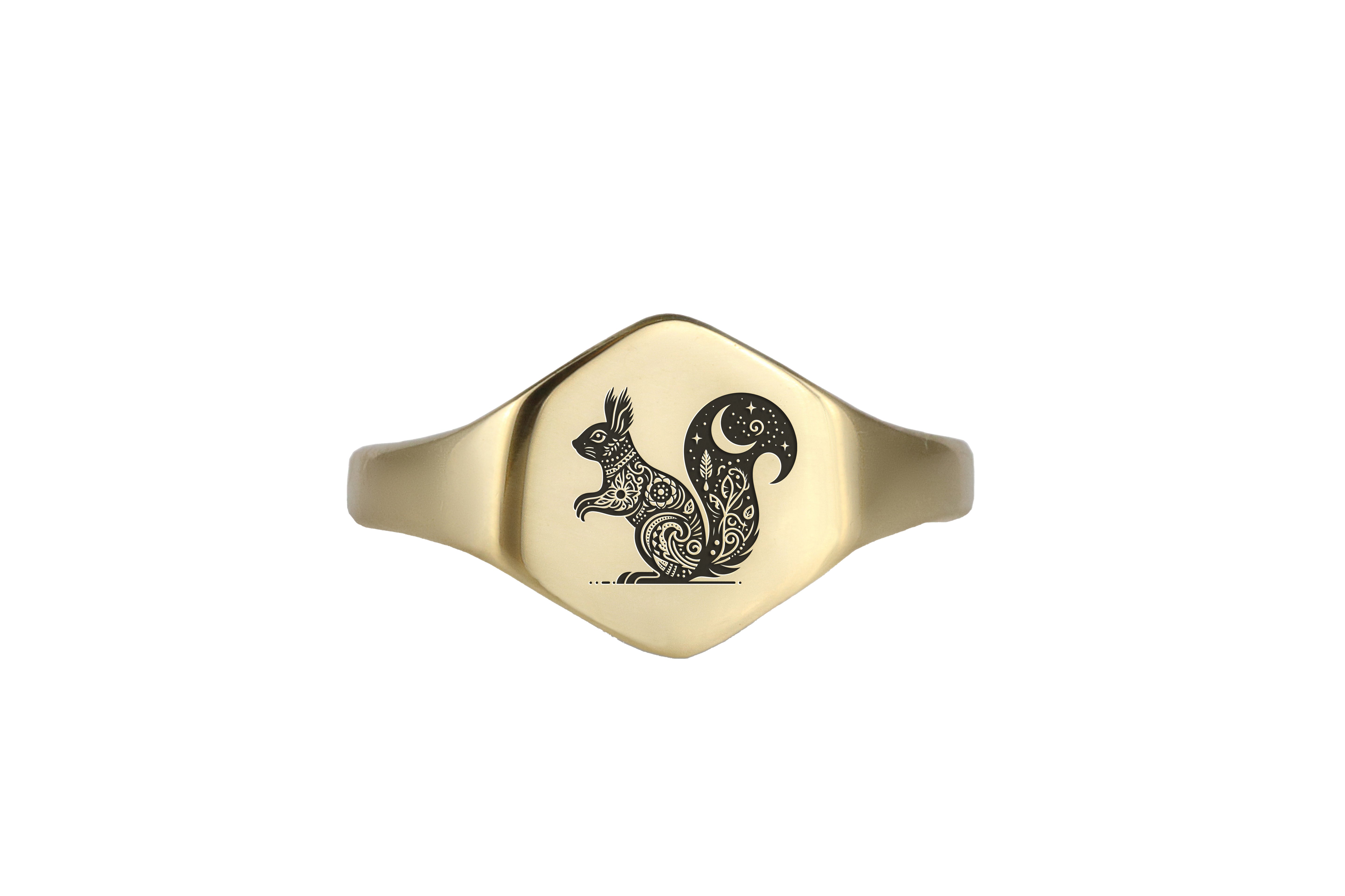 Custom Gold Hexagon Signet Ring with Cute Squirrel Engraving