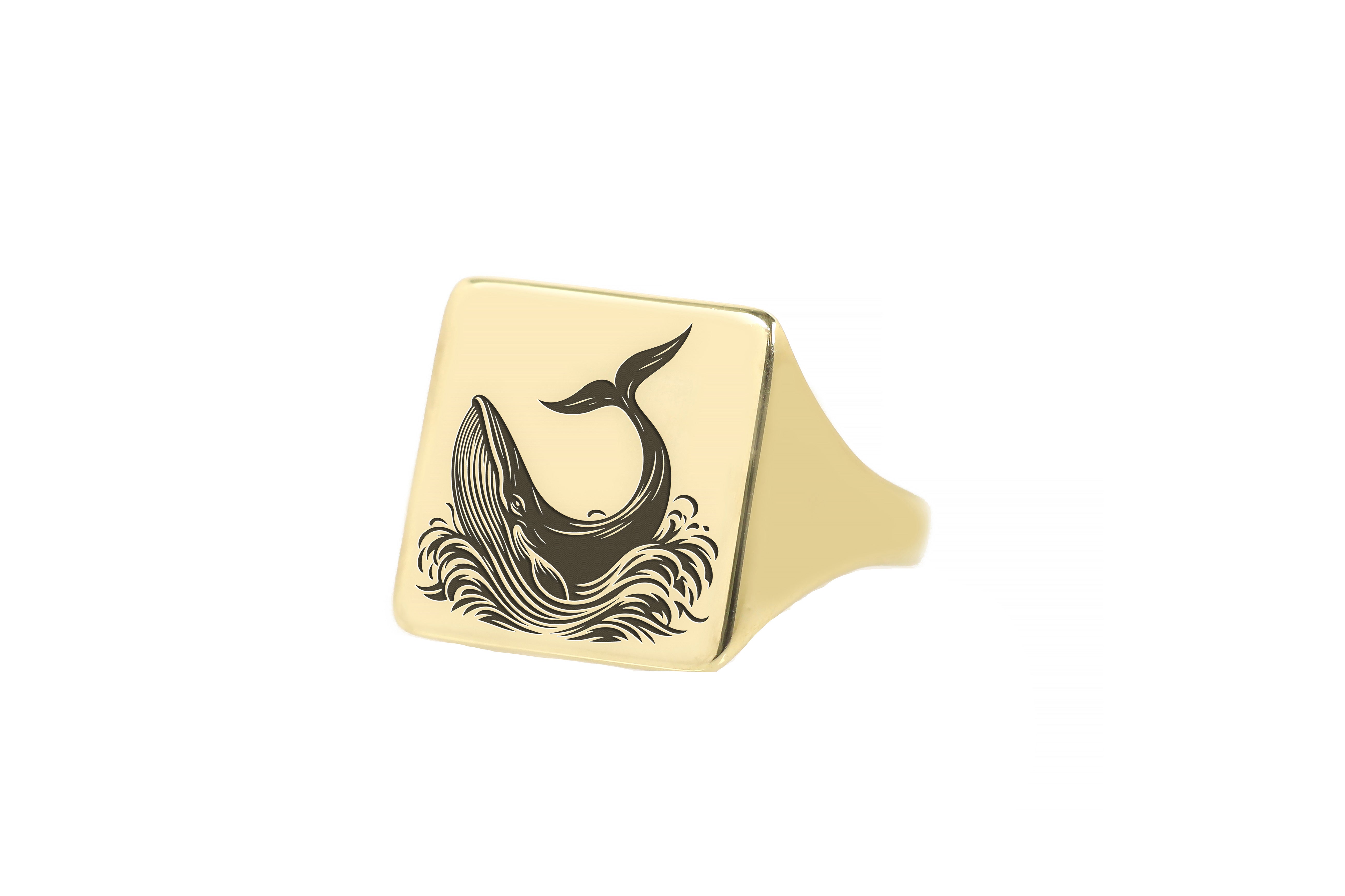 Engraved Whale Gold Signet Ring