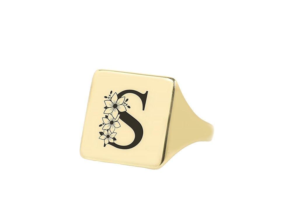 Engraved Flowered Letter Ring