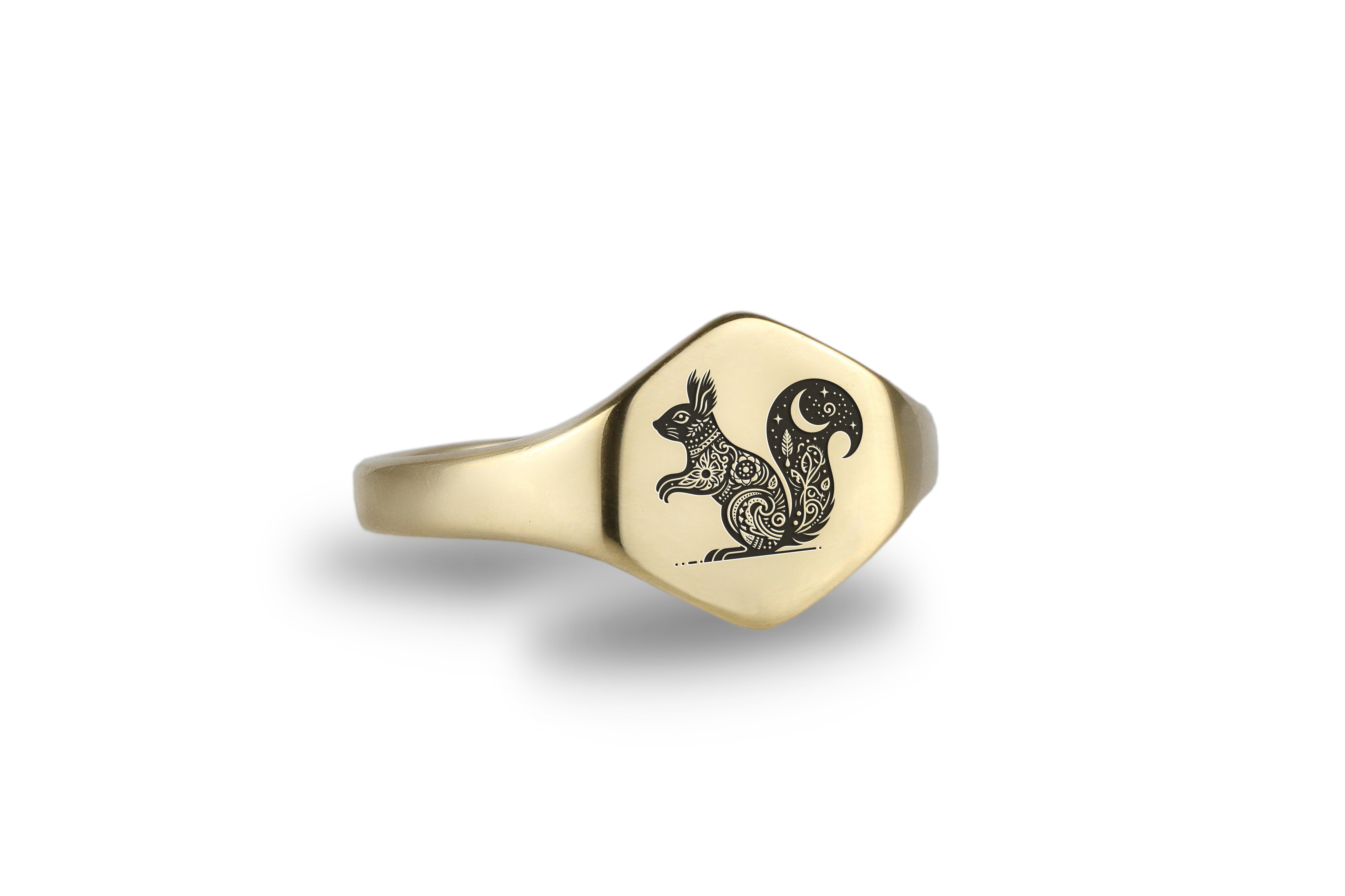 Custom Gold Hexagon Signet Ring with Cute Squirrel Engraving