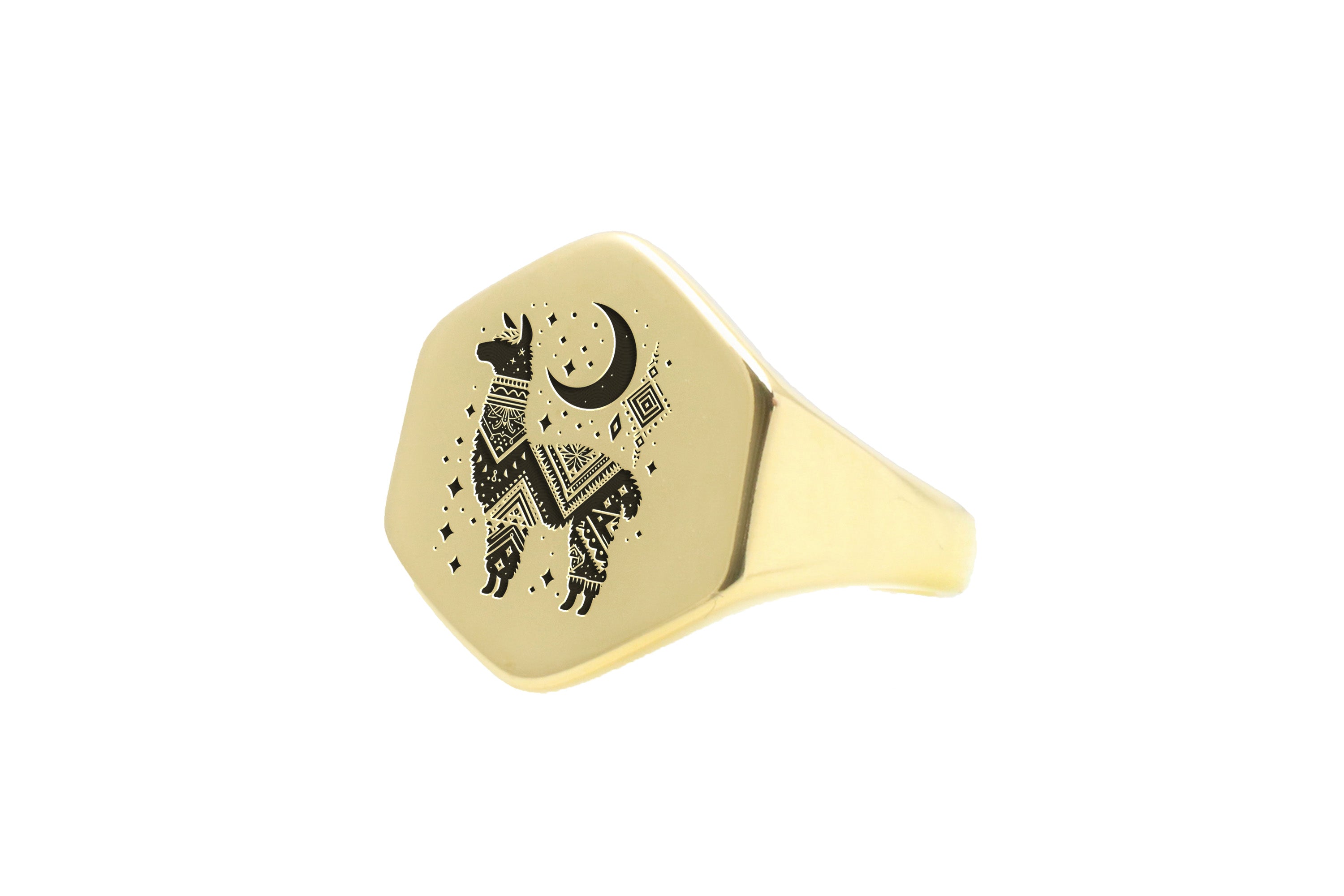 Custom Gold Hexagon Shaped Signet Ring with Engraved Alpaca