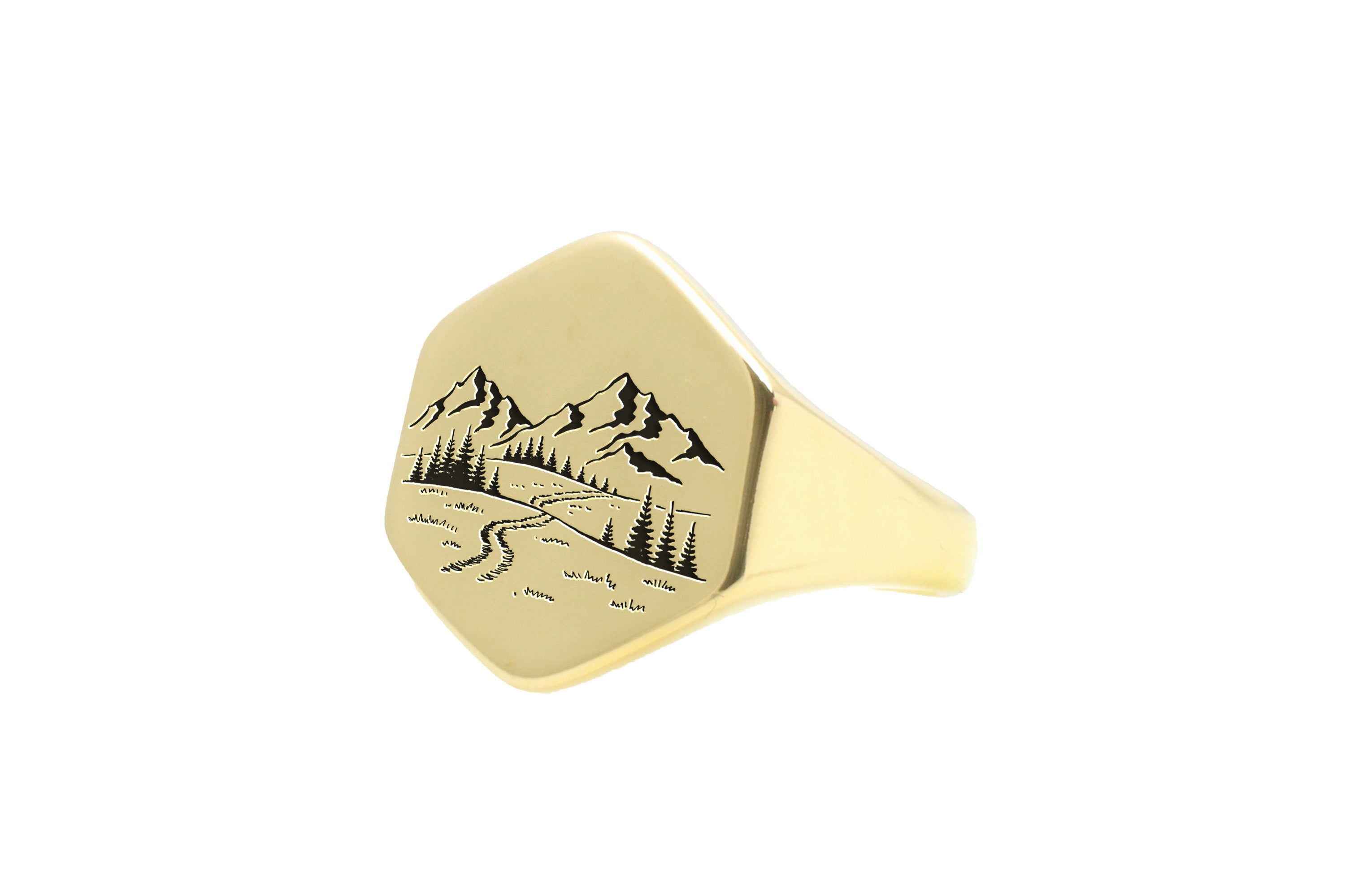 Engraved Forest Gold Signet Ring