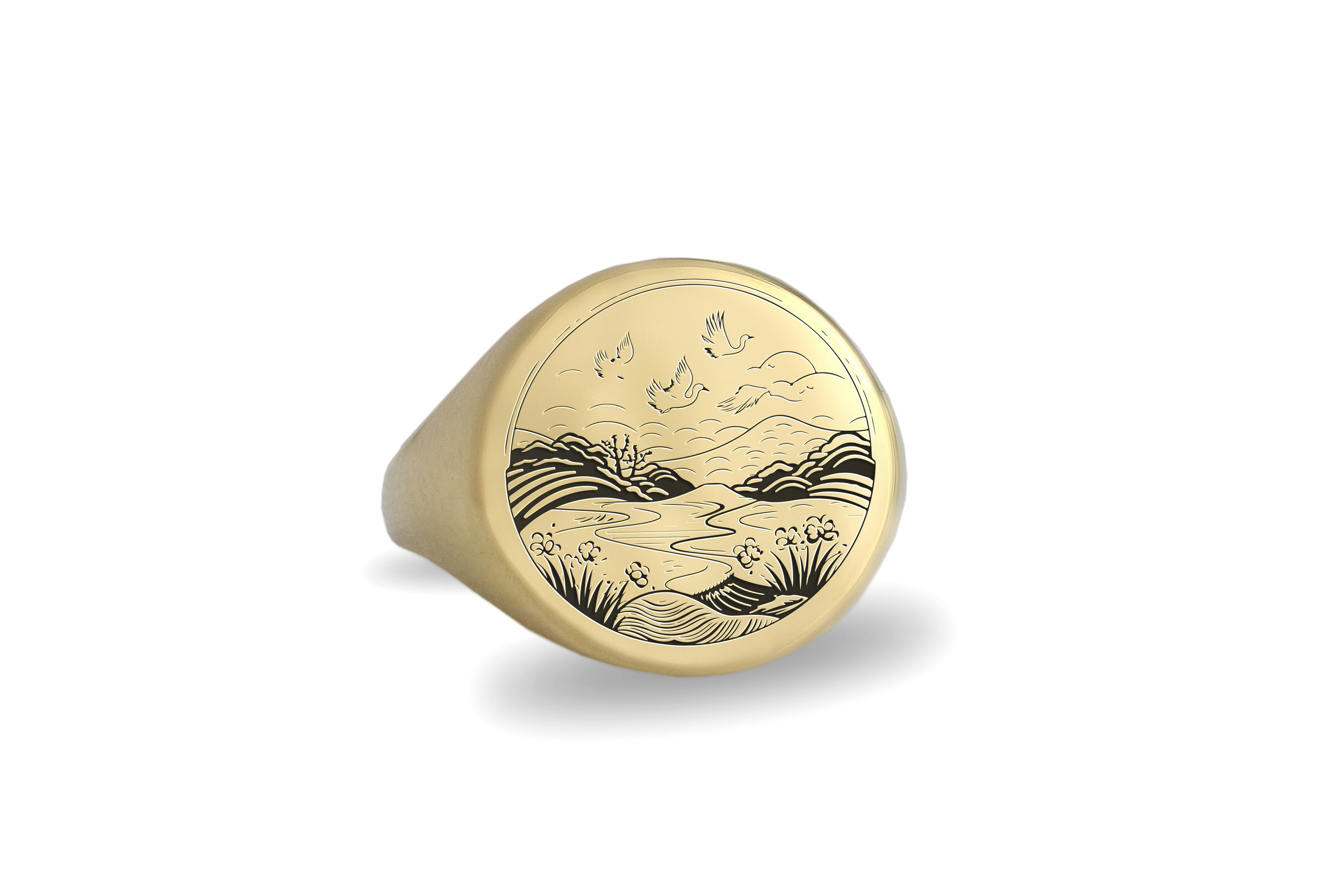 14k Gold Japanese Landscape Signet Ring