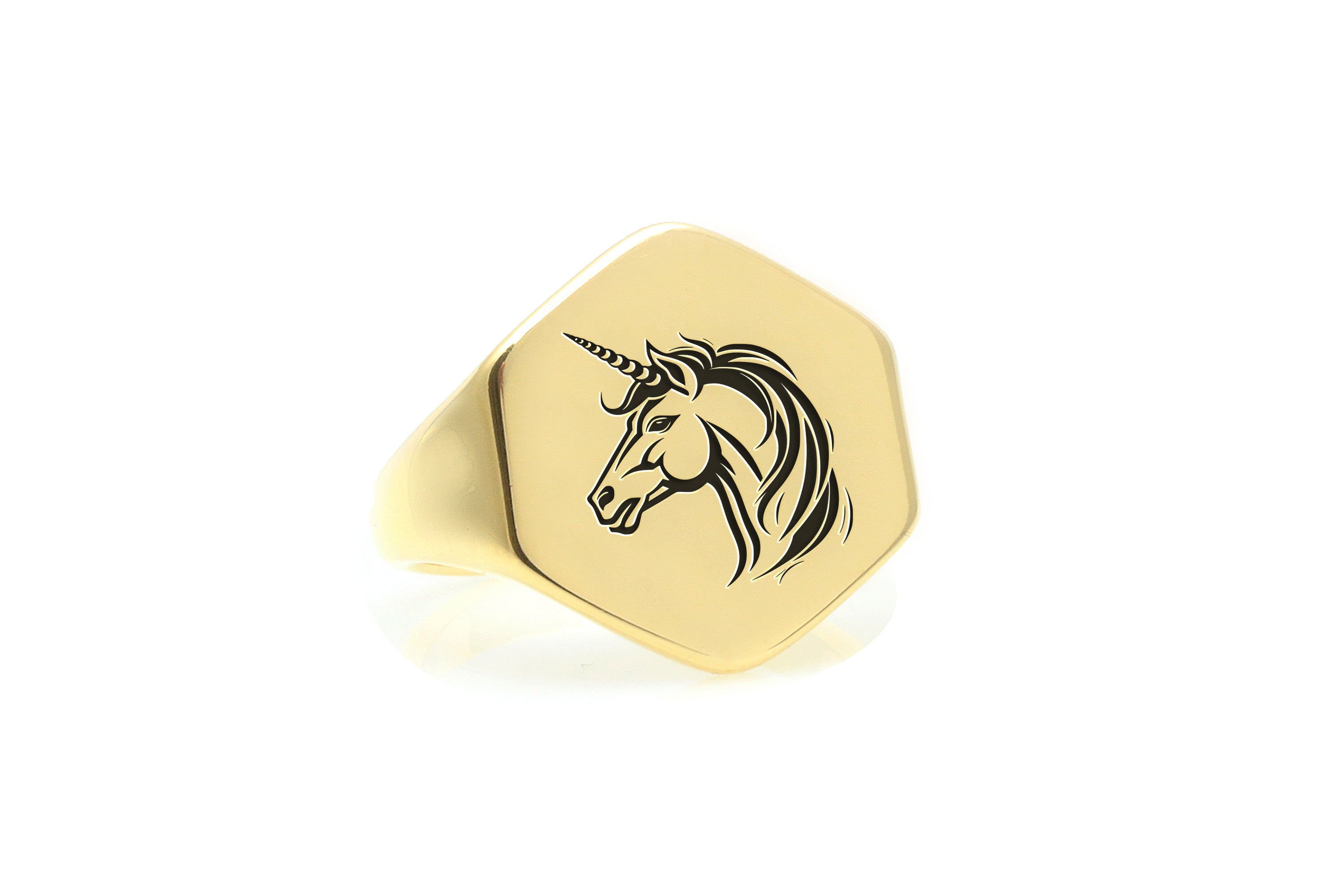 Unisex Hexagon Unicorn Gold Signet Ring