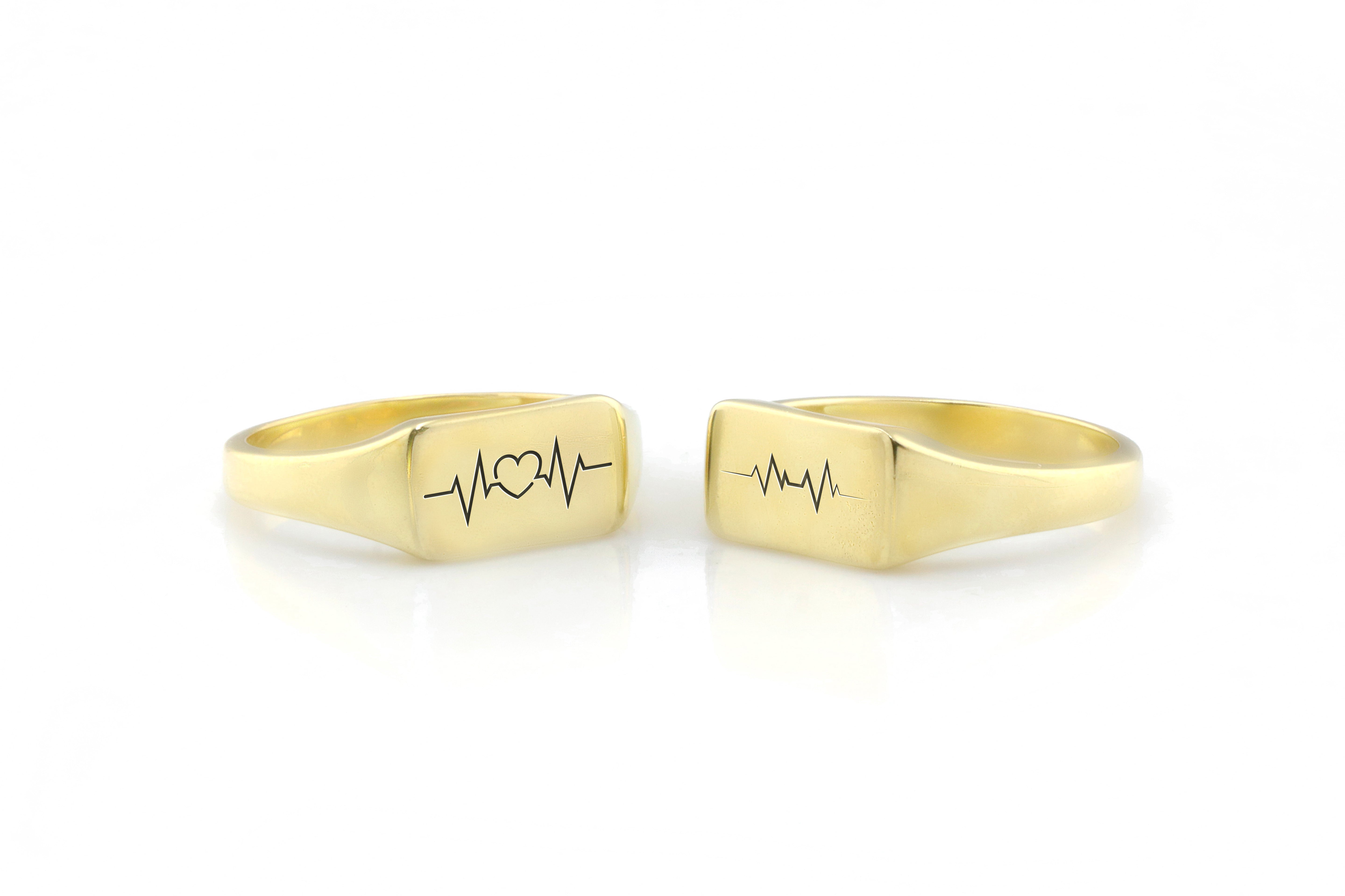 14k Gold Heart Beat Line Signet Ring