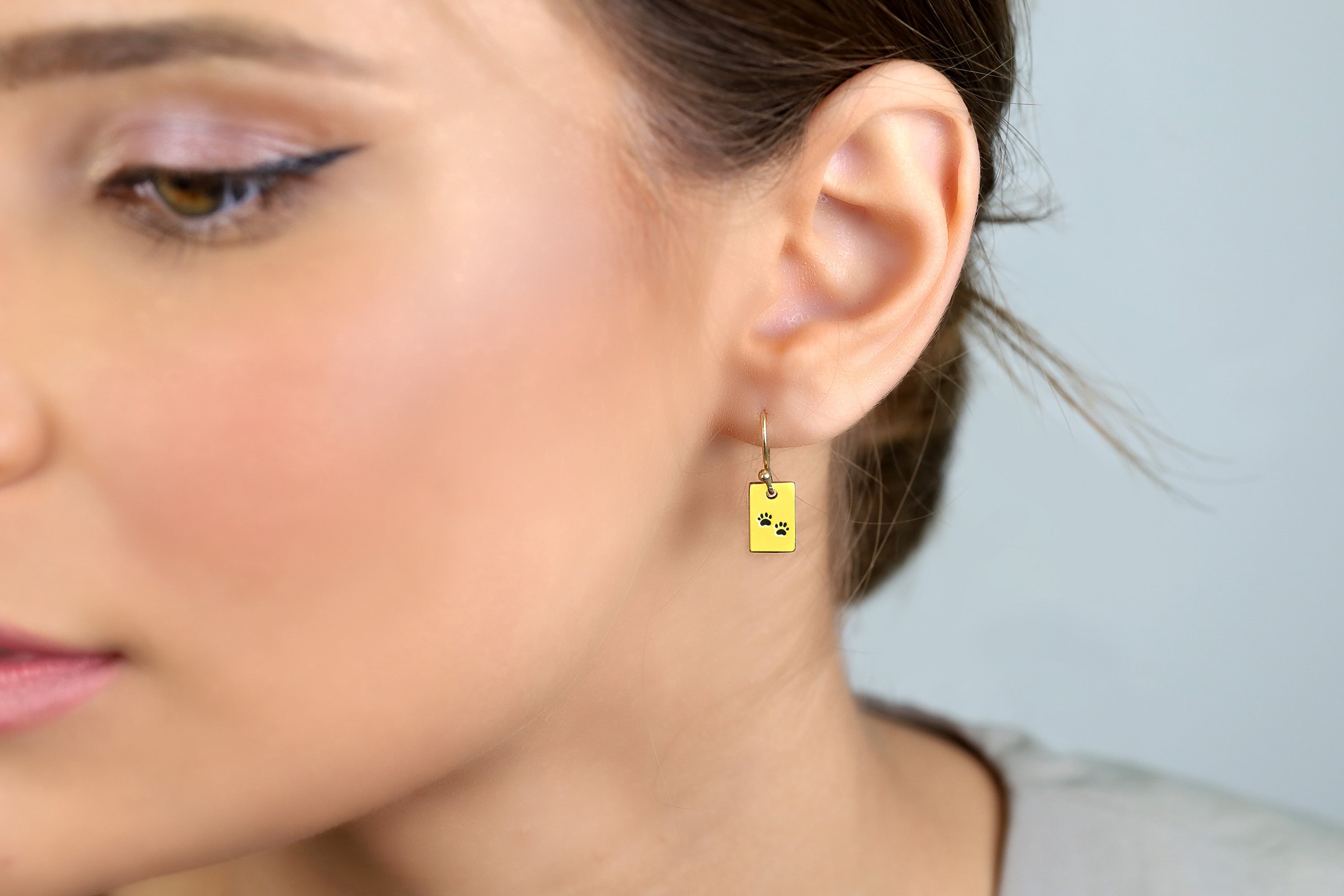 Custom Gold Rectangle Earrings with Paw Engraving