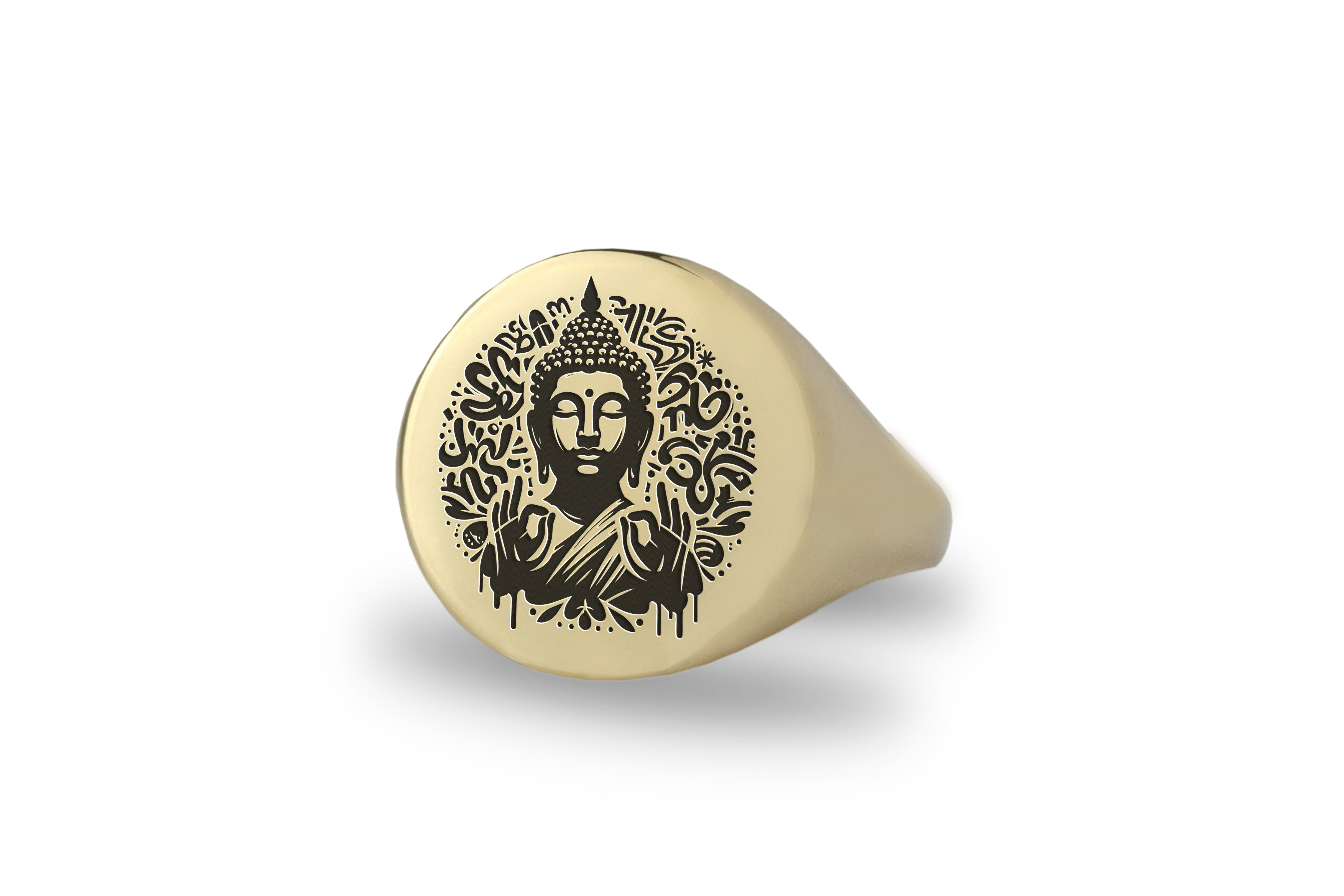 14k Gold Graffiti Buddha Signet Ring