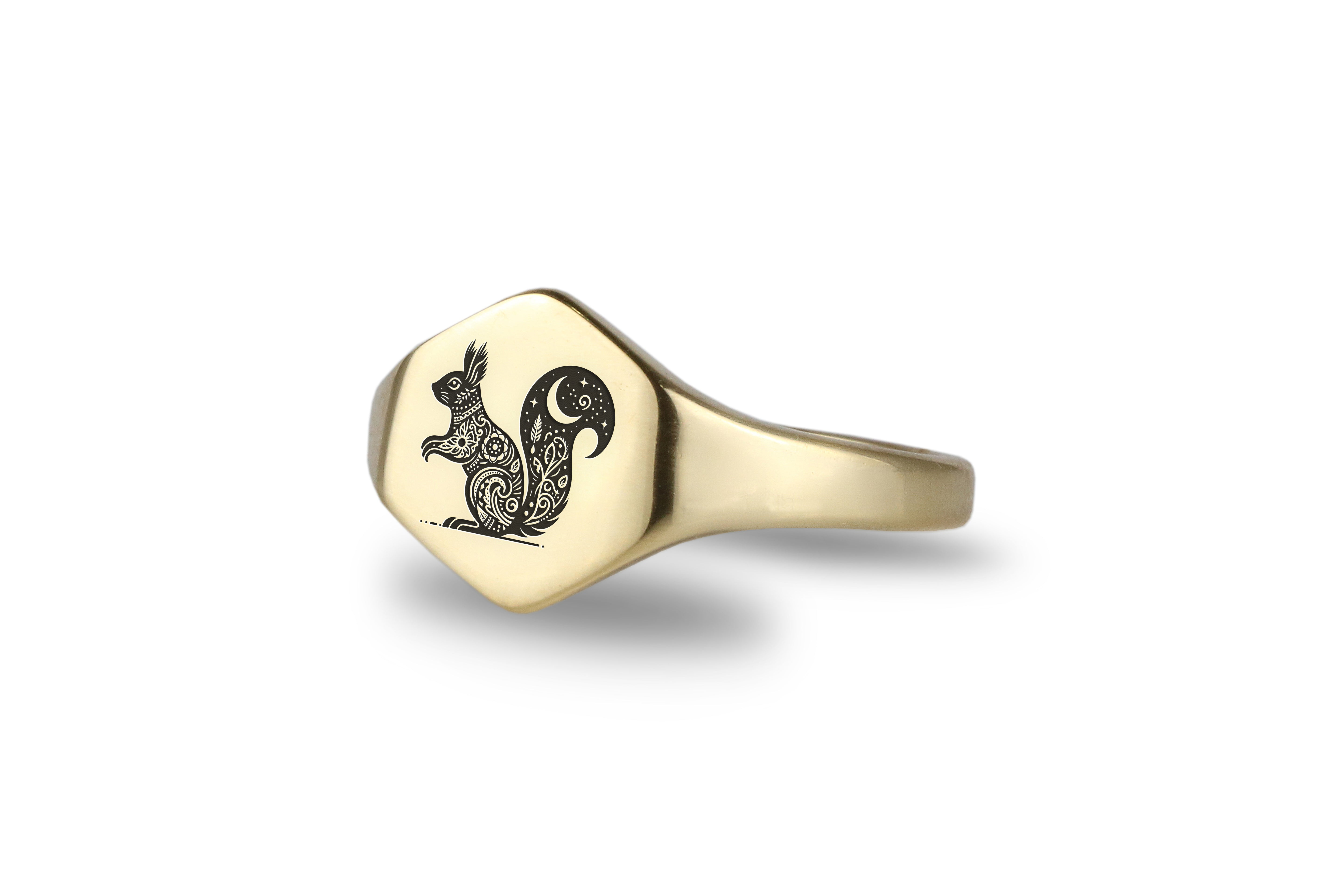 Custom Gold Hexagon Signet Ring with Cute Squirrel Engraving