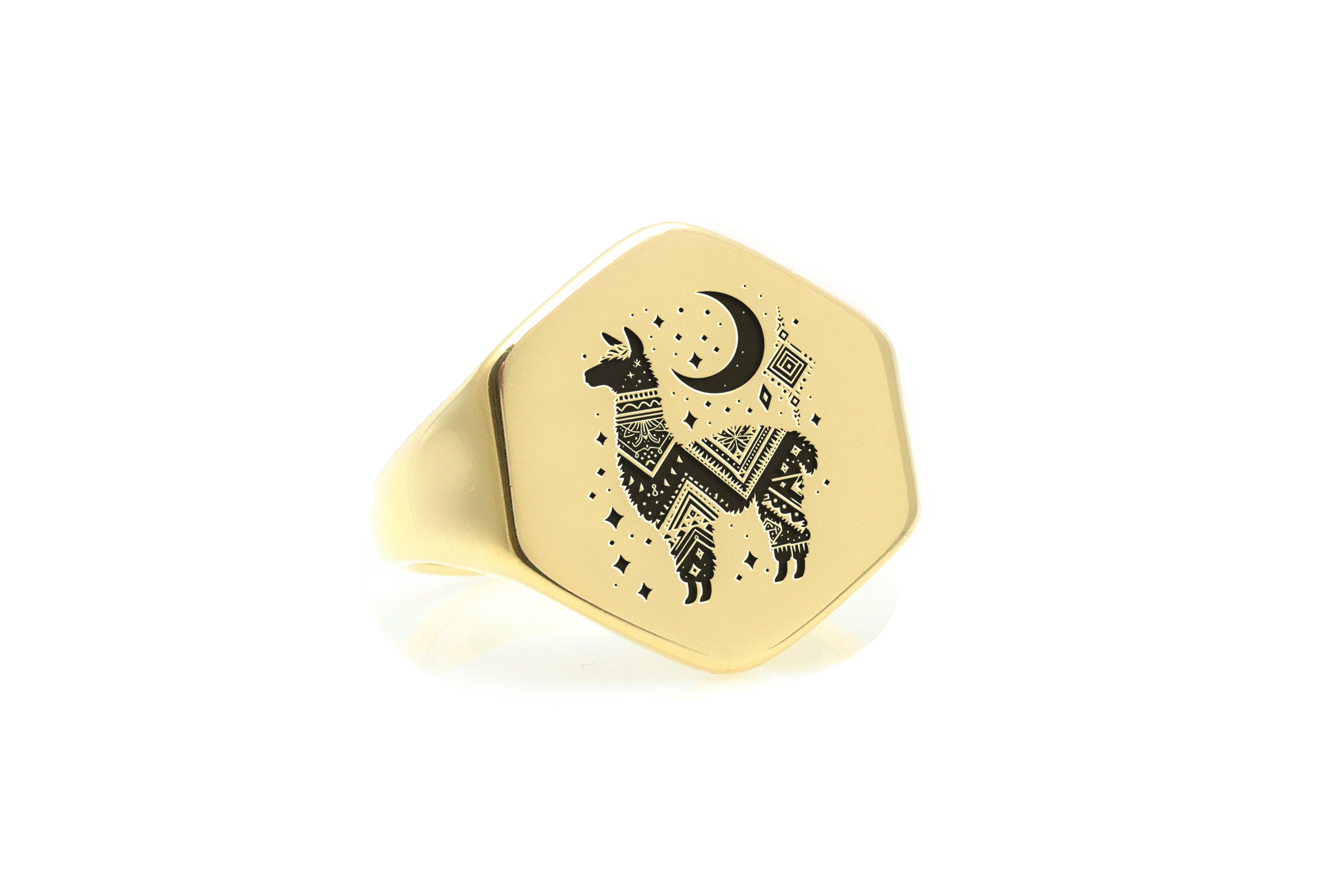 Custom Gold Hexagon Shaped Signet Ring with Engraved Alpaca