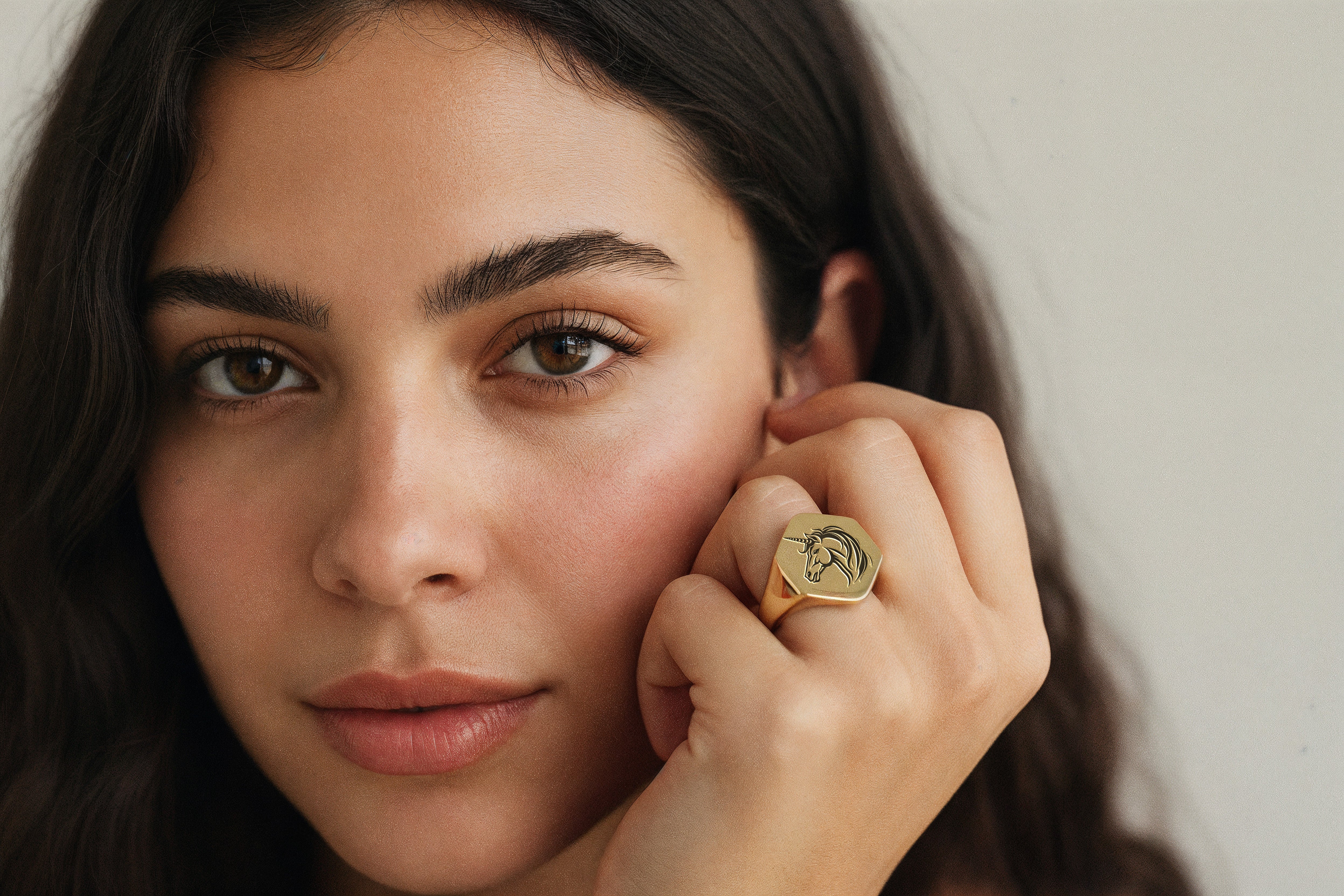 Unisex Hexagon Unicorn Gold Signet Ring