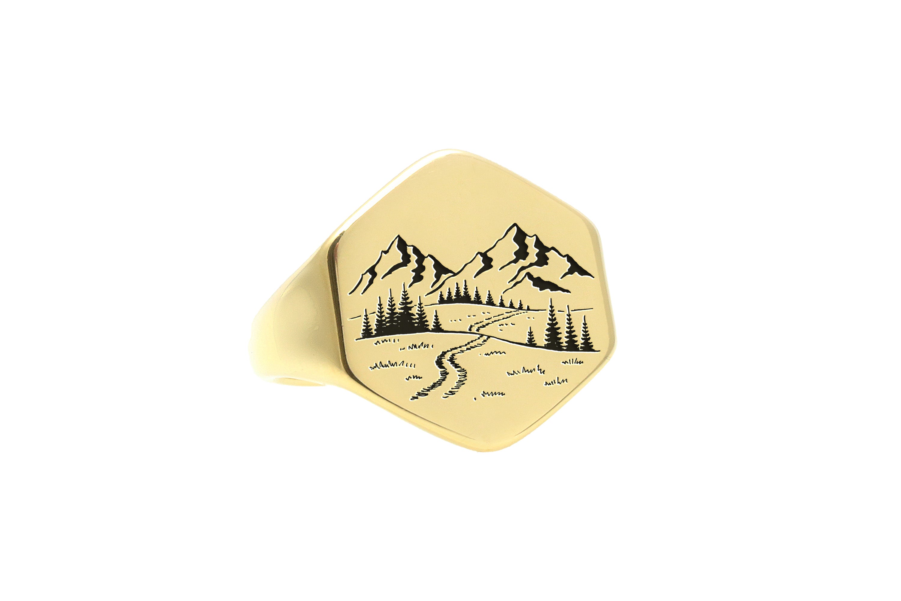 Engraved Forest Gold Signet Ring