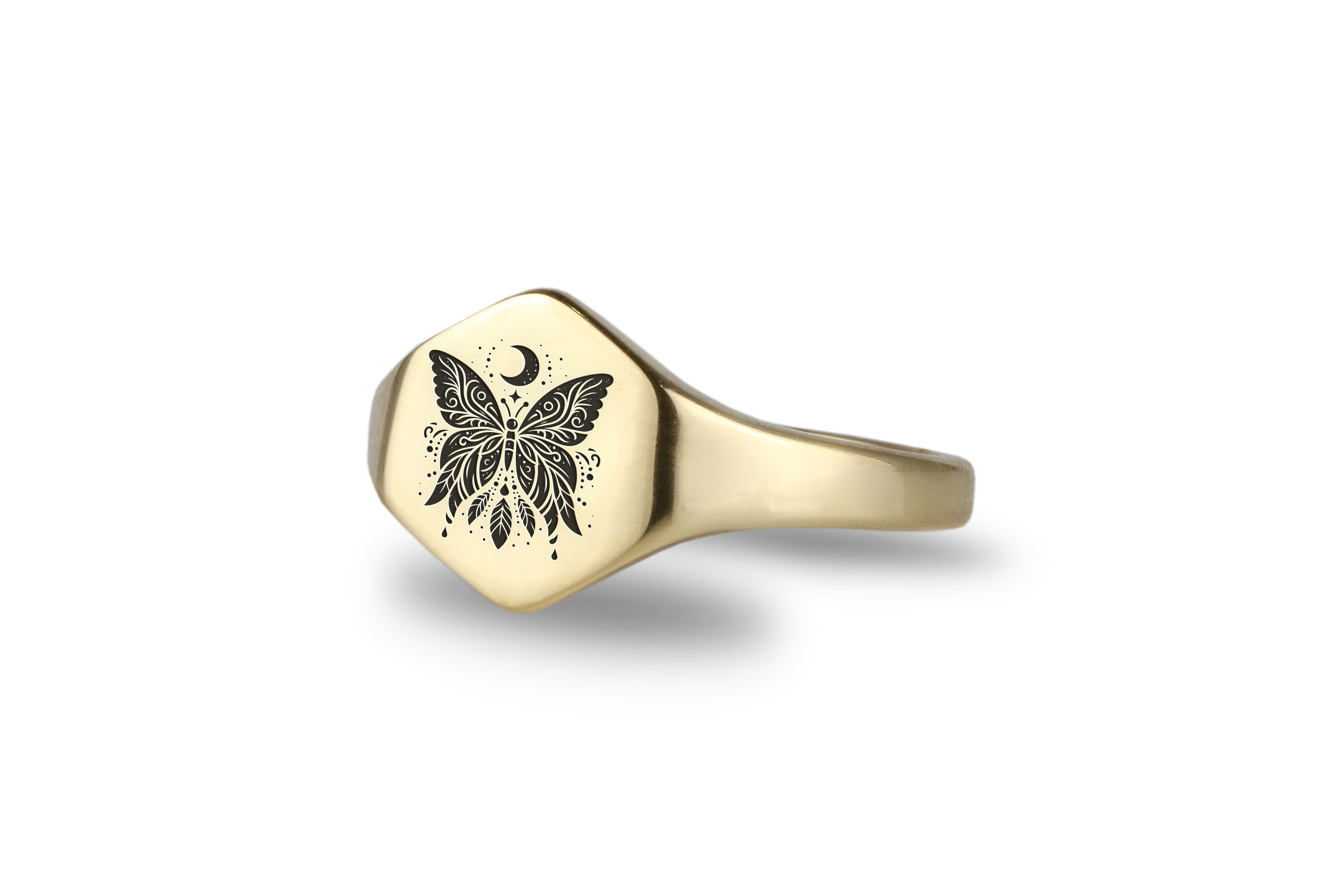 Custom Gold Hexagon Signet Ring with Engraved Butterfly