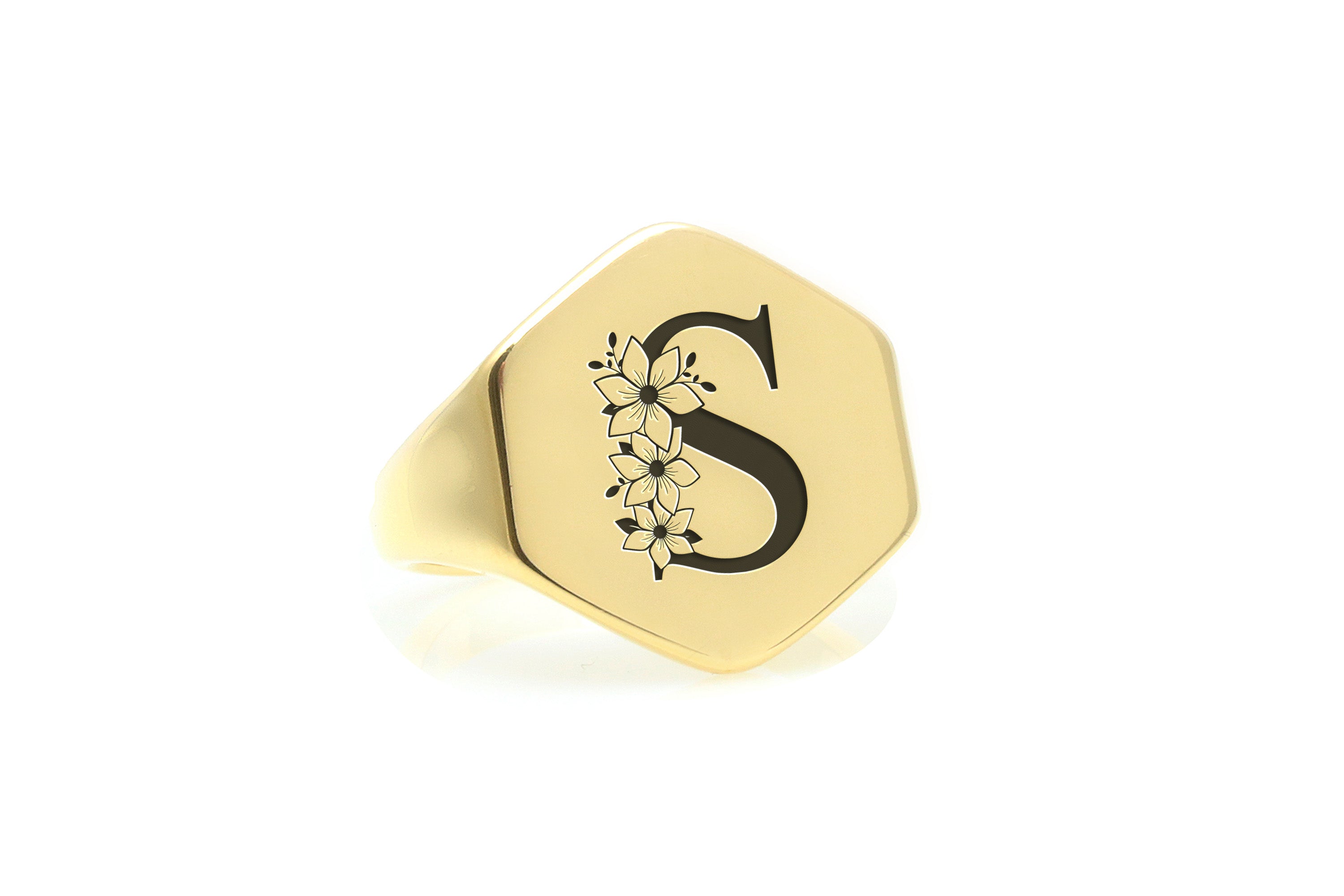 Flower Decorated Letter Gold Ring