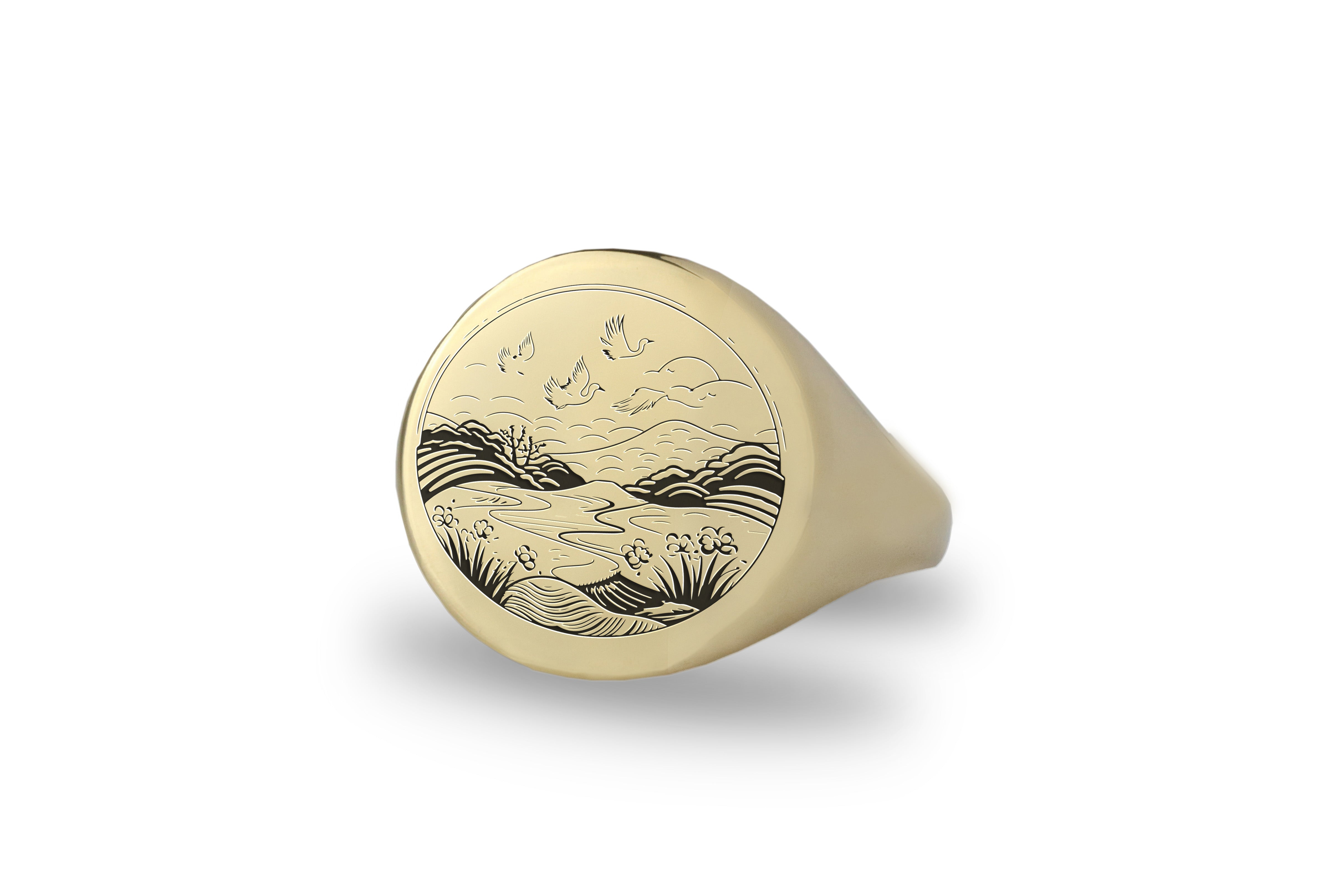14k Gold Japanese Landscape Signet Ring
