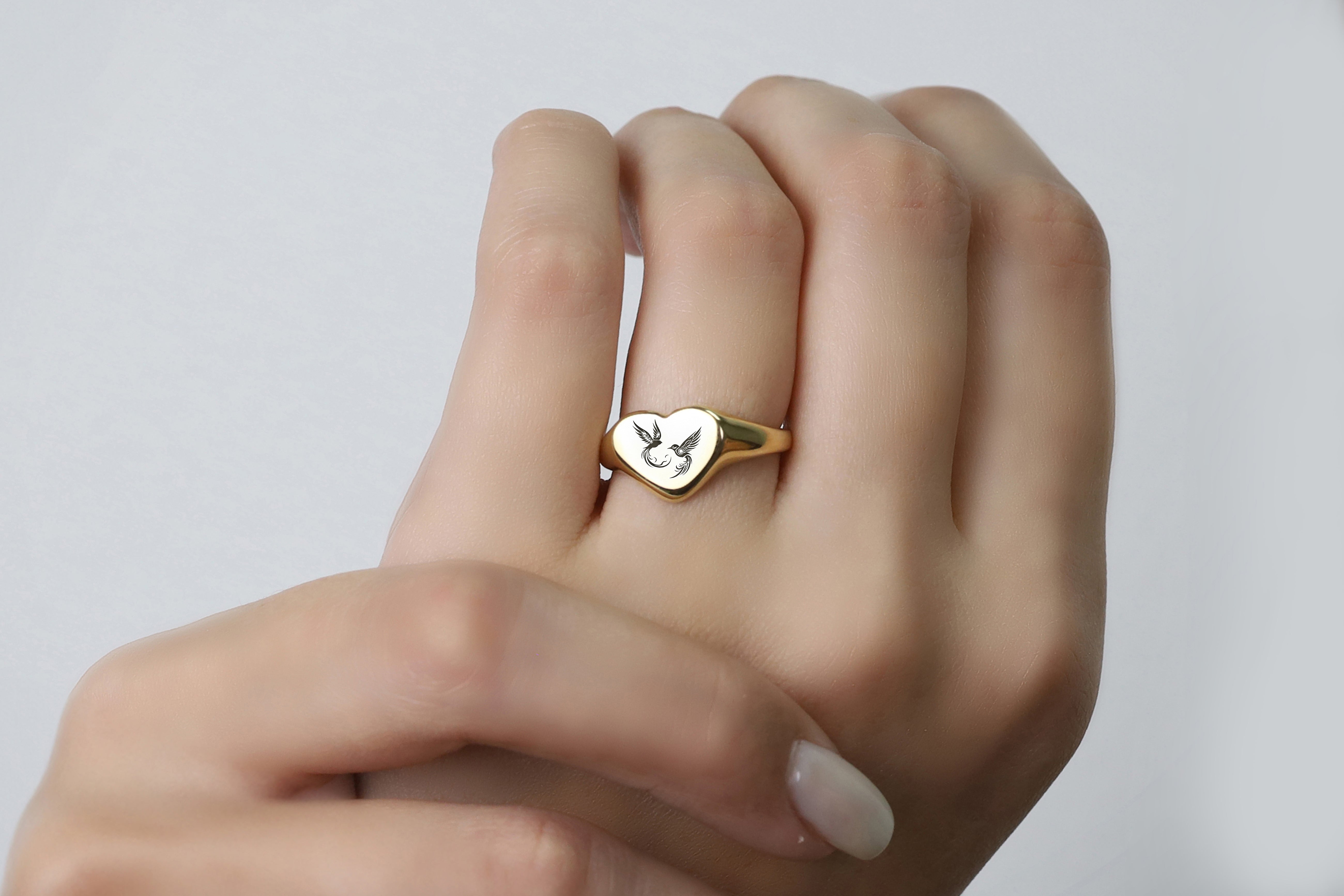 14k Gold Bird Love Signet Ring