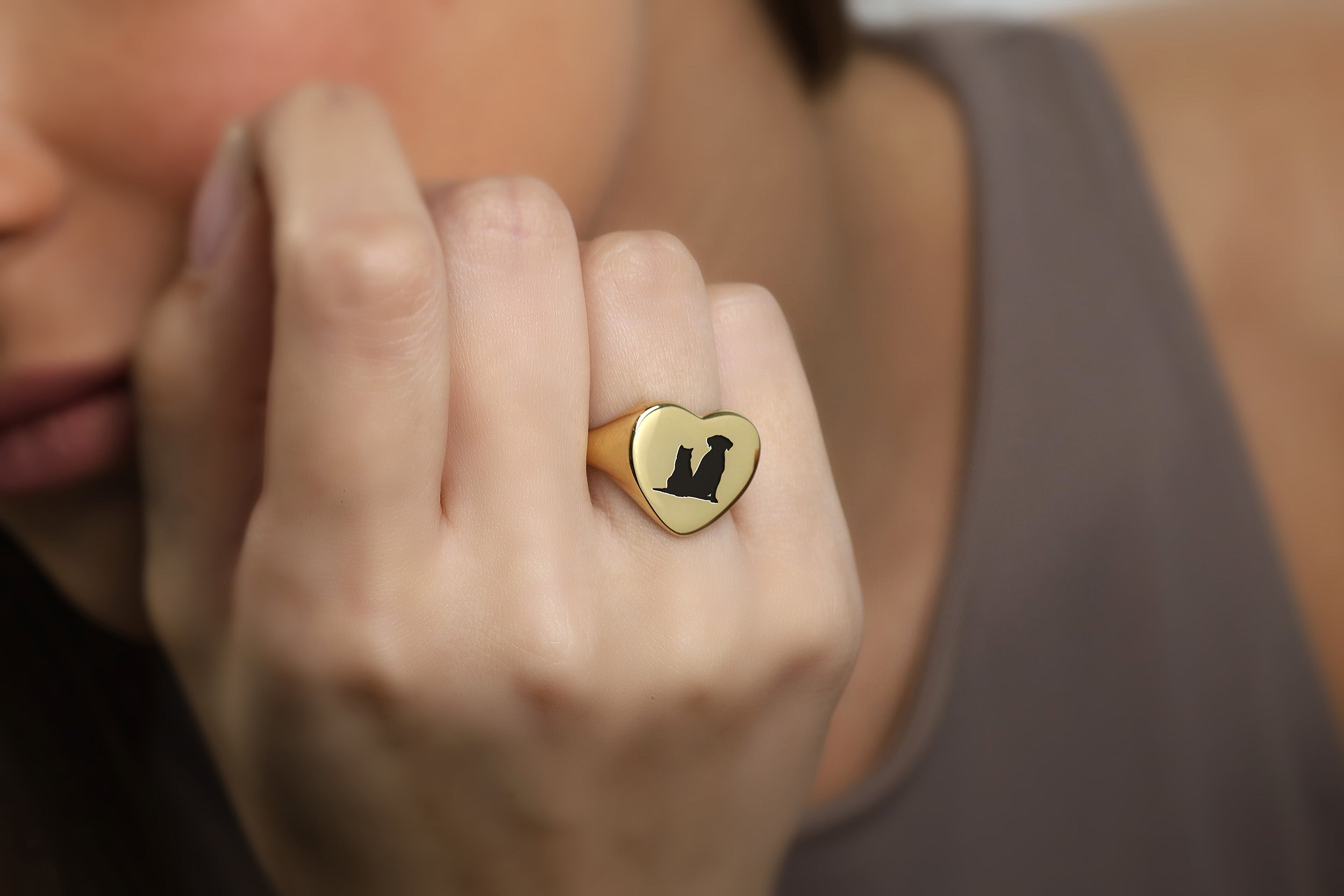 Cat & Dog Gold Signet Ring