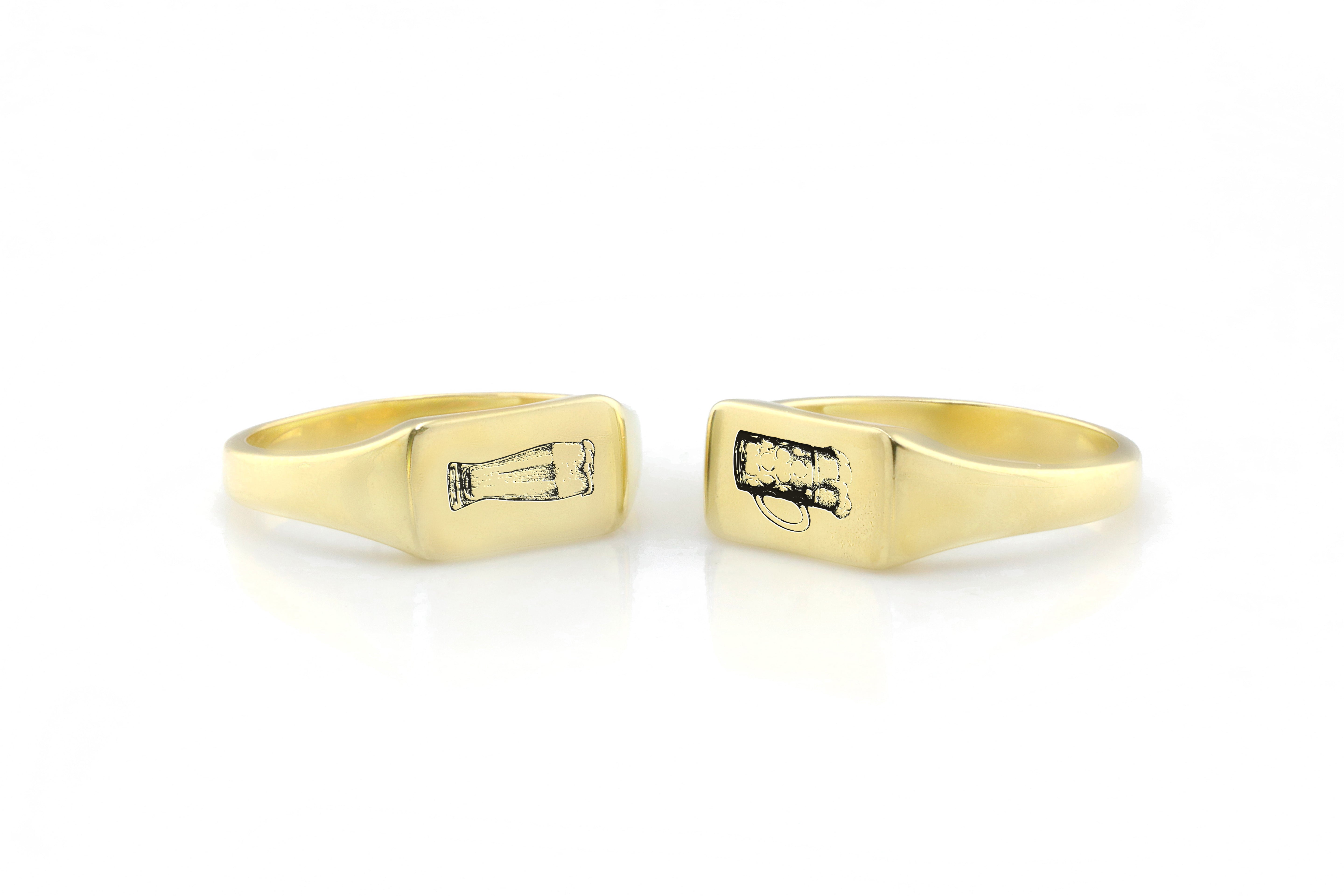 Custom Gold Rectangle Shaped Signet Ring with Engraved Beer Design