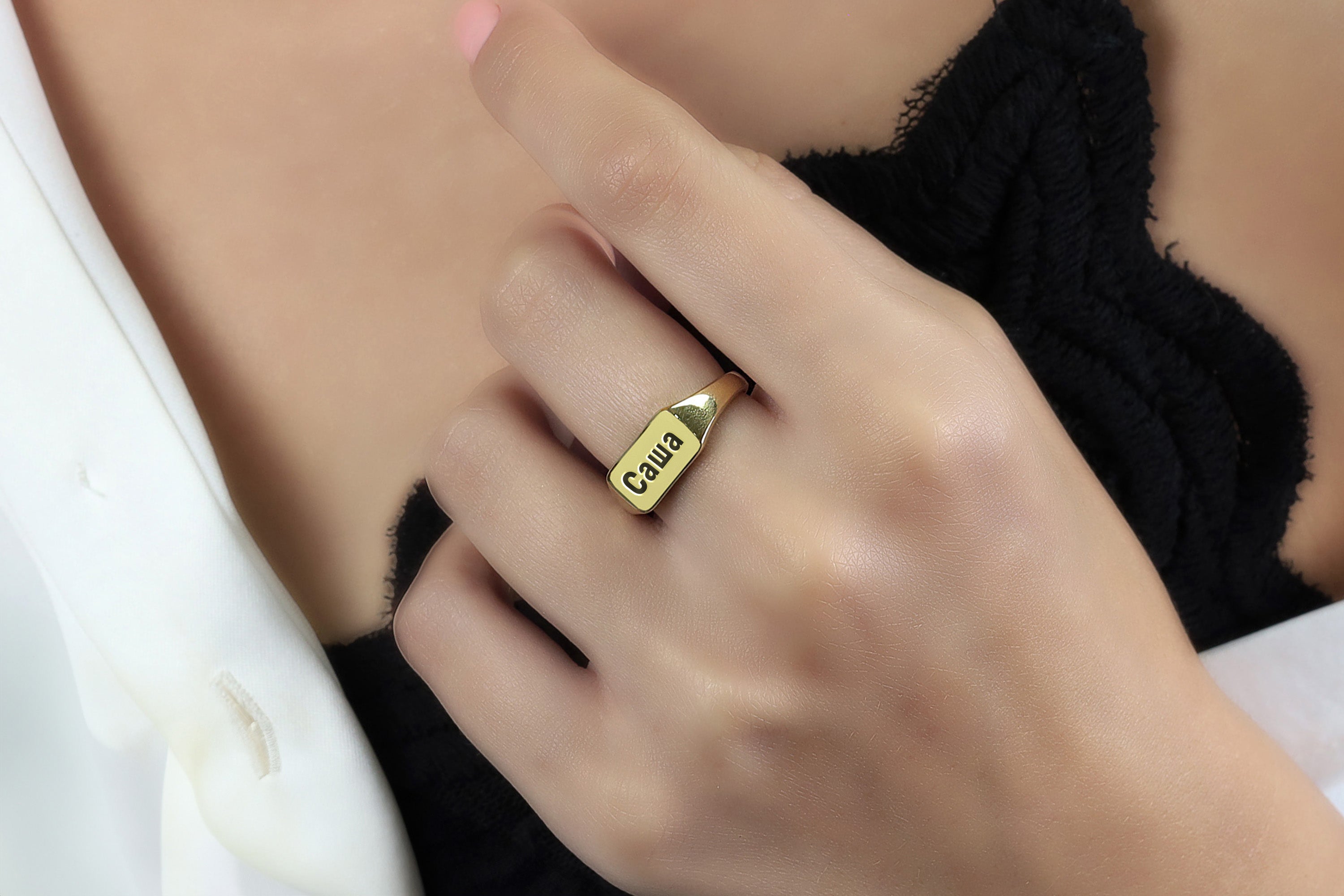 Engraved Cyrillic Rectangle Ring