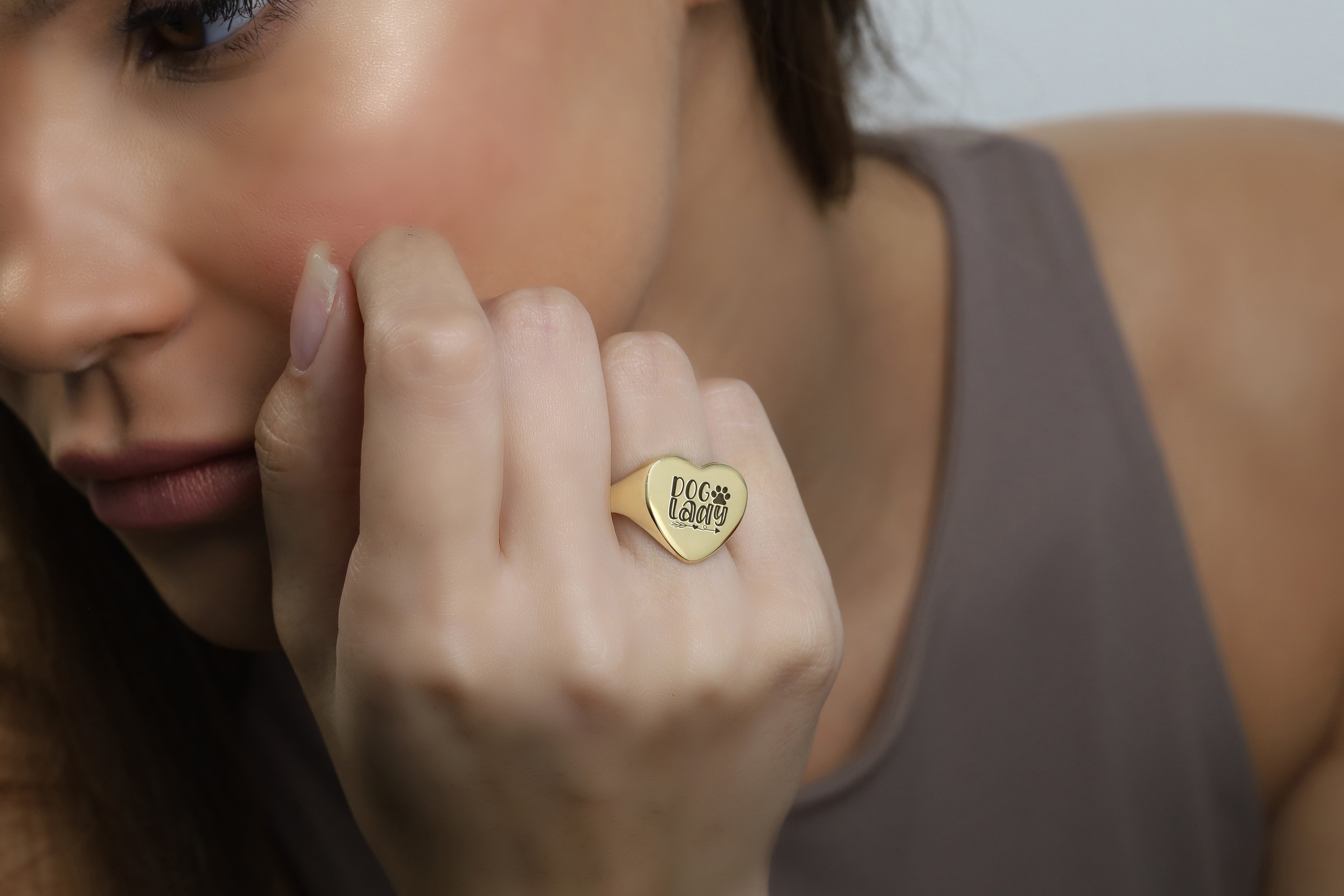 Engraved Dog Lady Gold Signet Ring