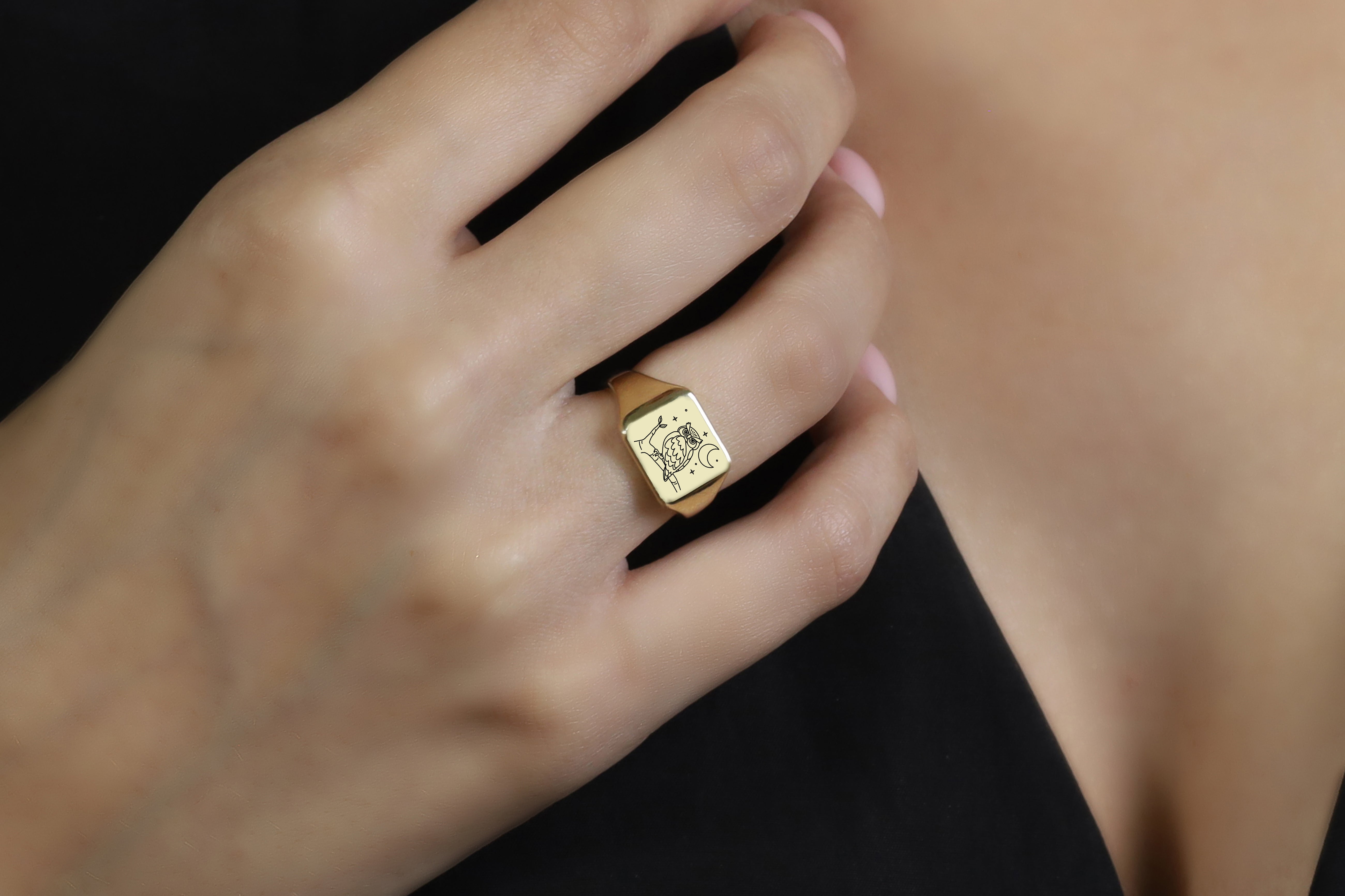 14k Gold Owl Signet Ring