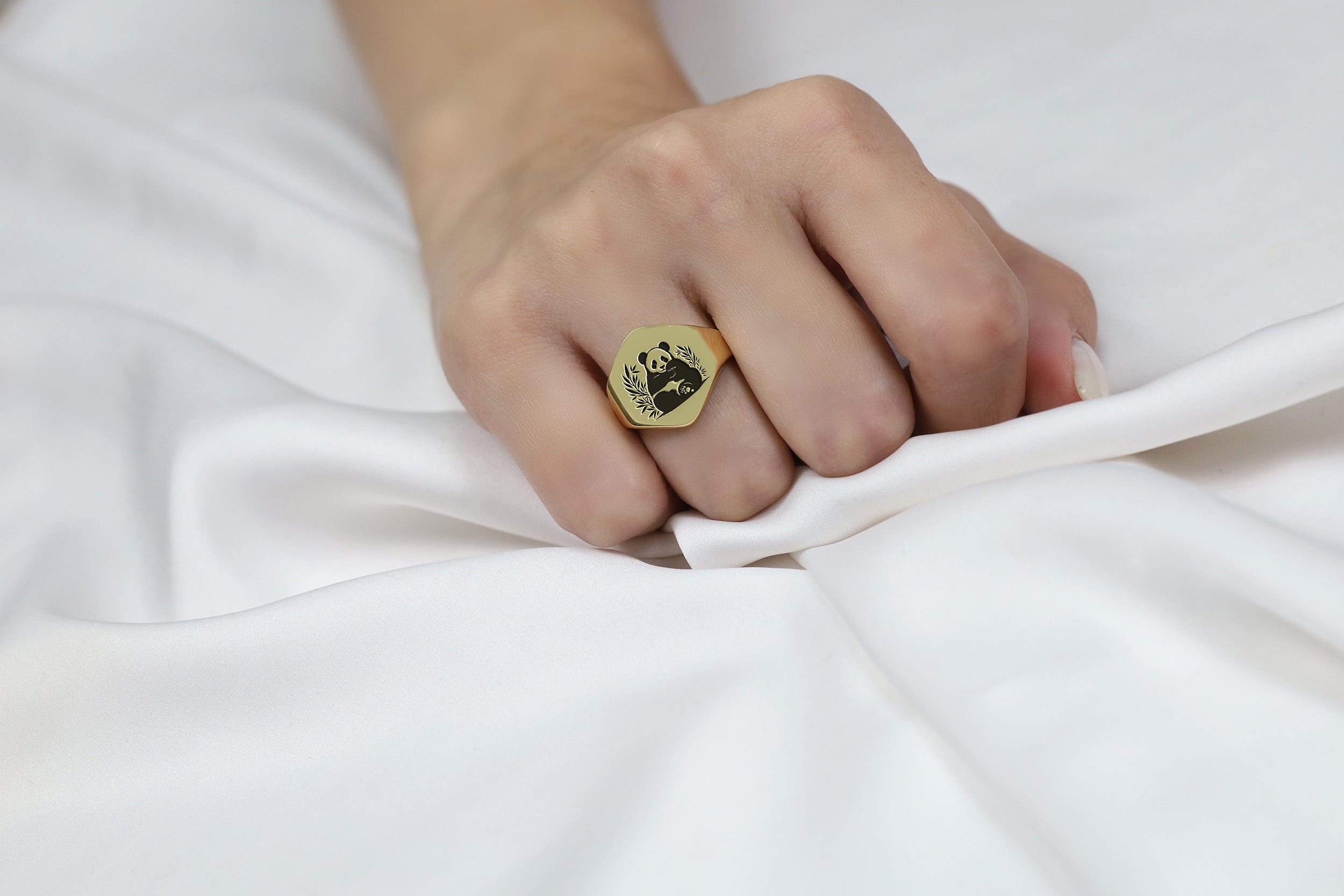14k Gold Engraved Panda Ring
