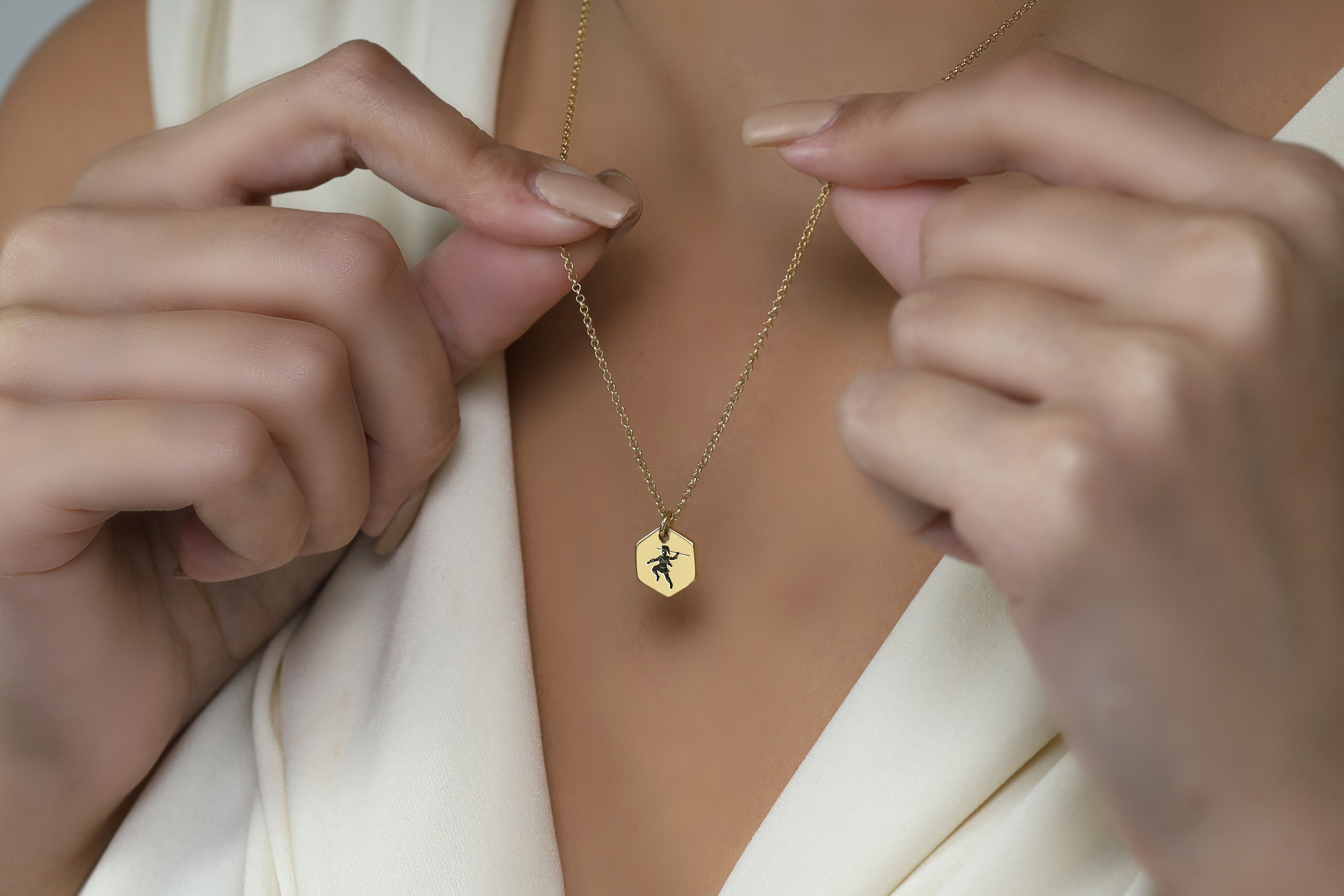 Custom Engraved Roman Gladiator Hexagon Gold Pendant Necklace