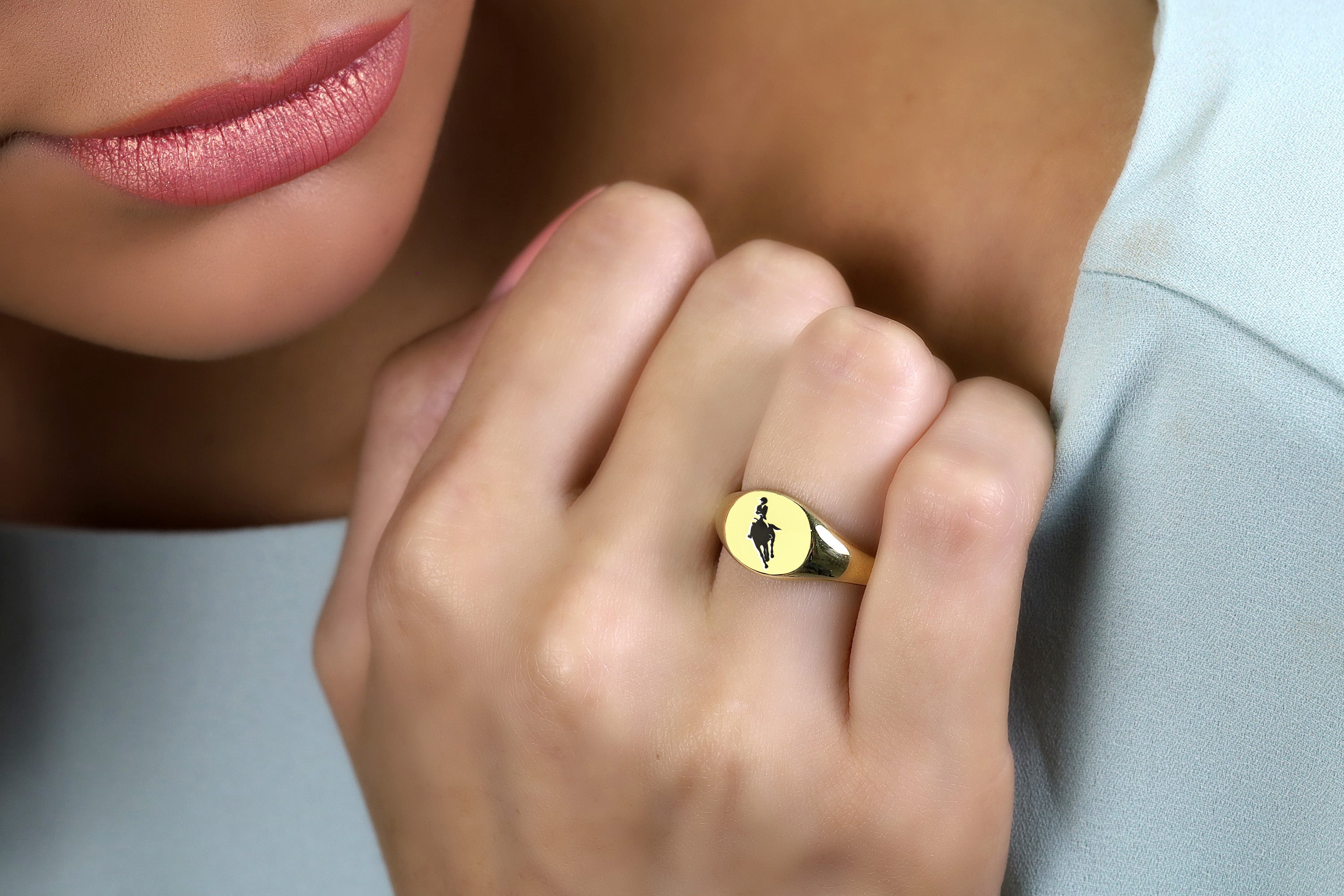 Custom Gold Round Shaped Signet Ring with Equestrian Design