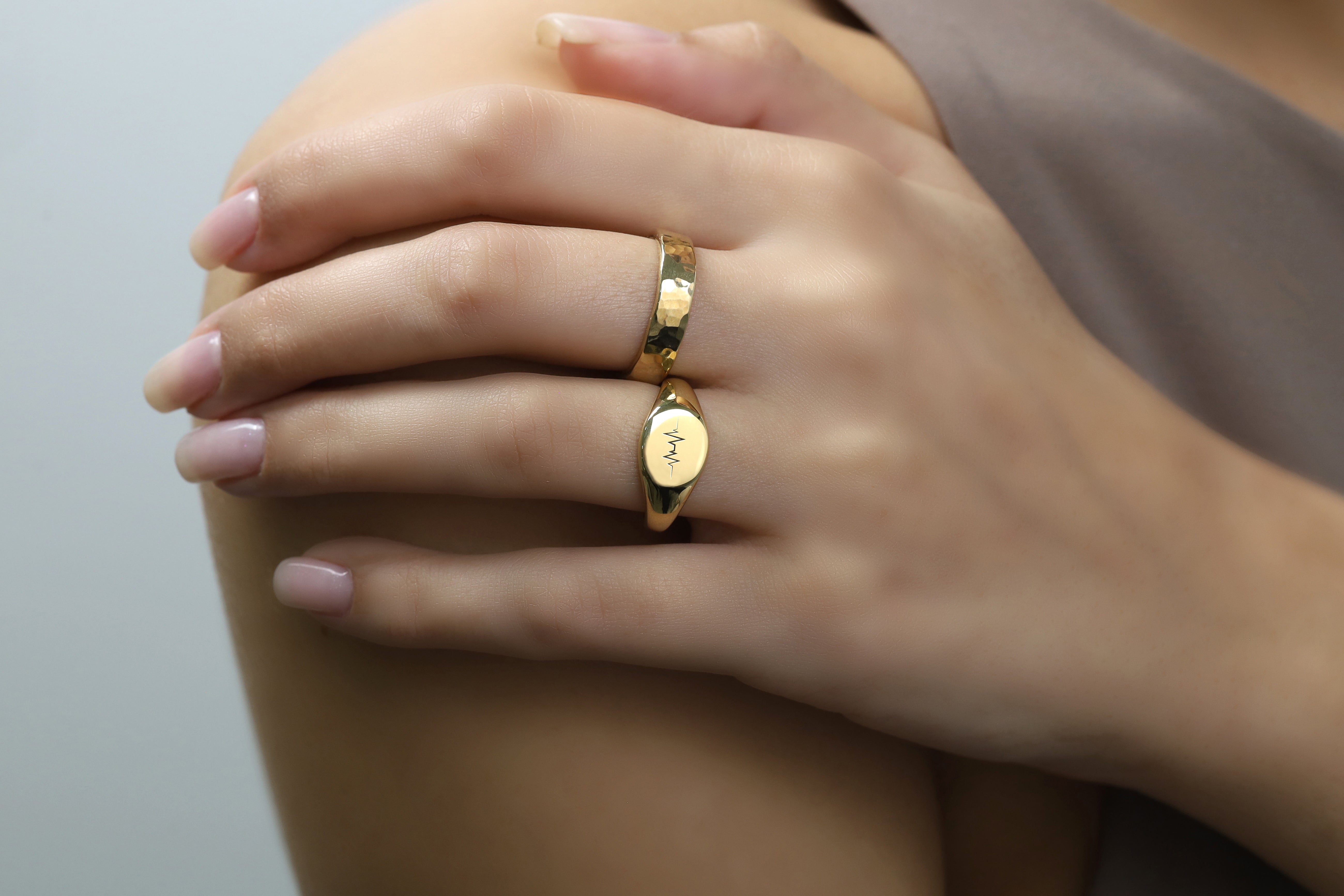 EKG Line Engraved Gold Signet Ring
