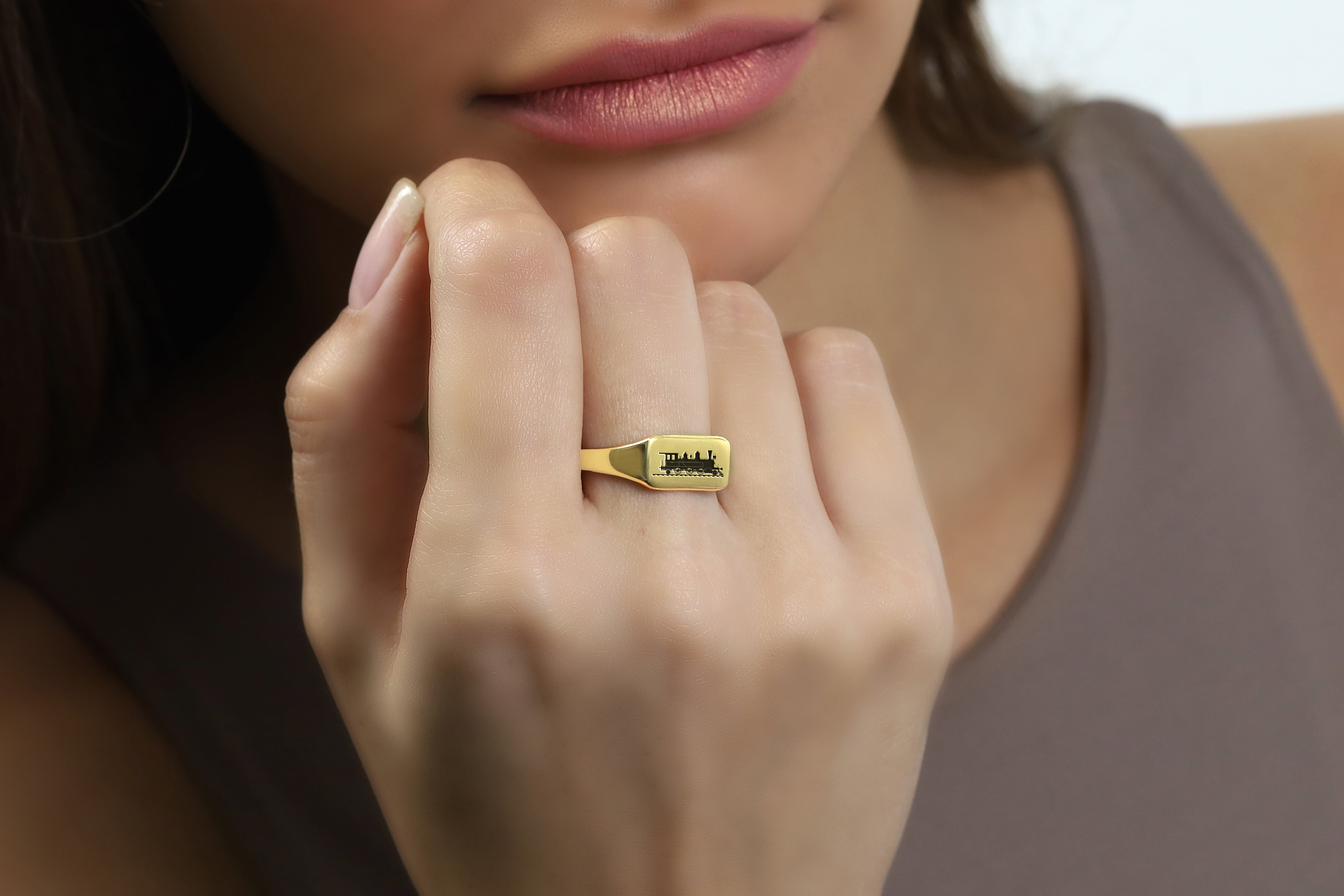 Engraved Train Signet Ring