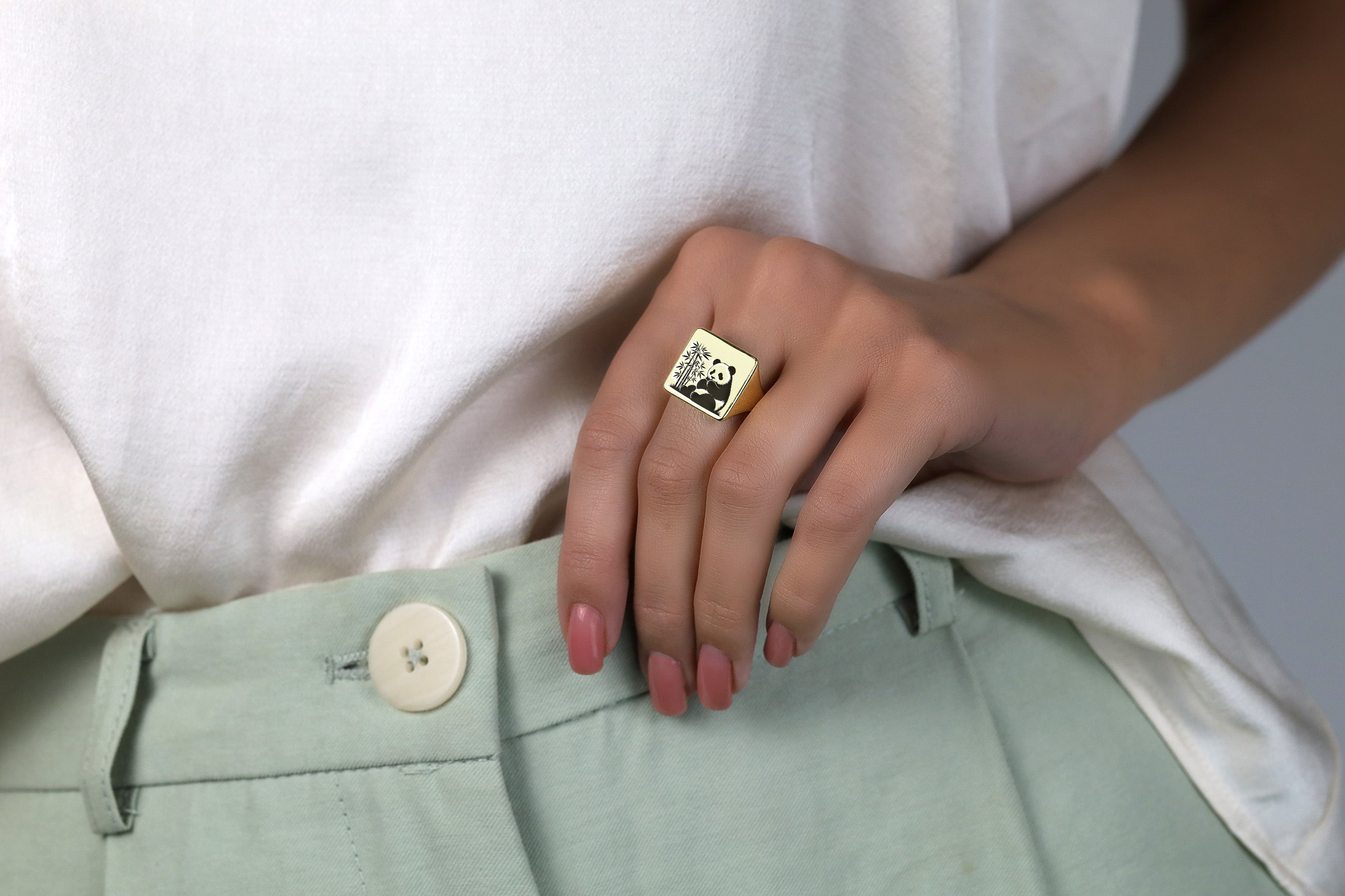 Cute Panda Gold Signet Ring