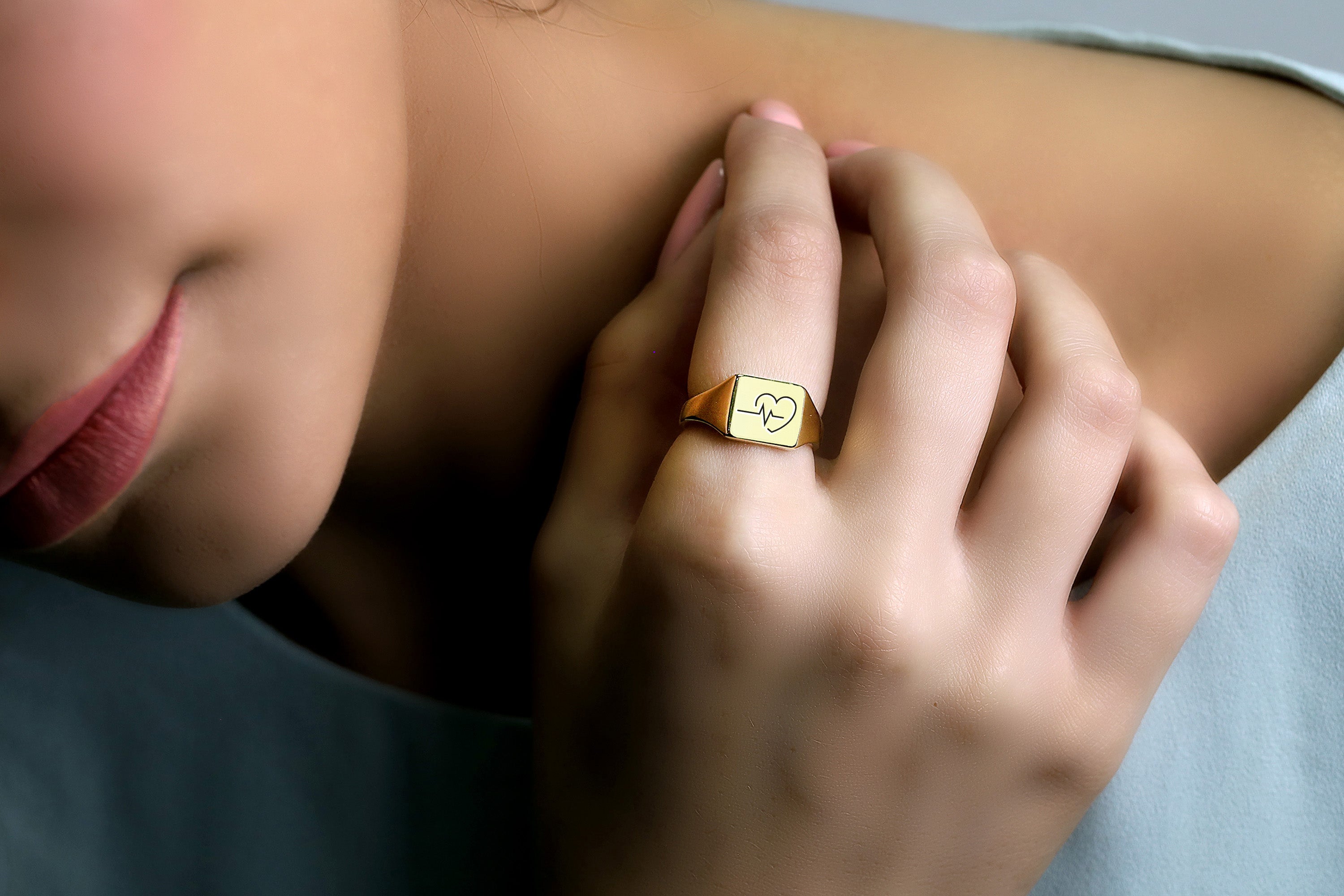 Engraved Heartbeat Signet Ring