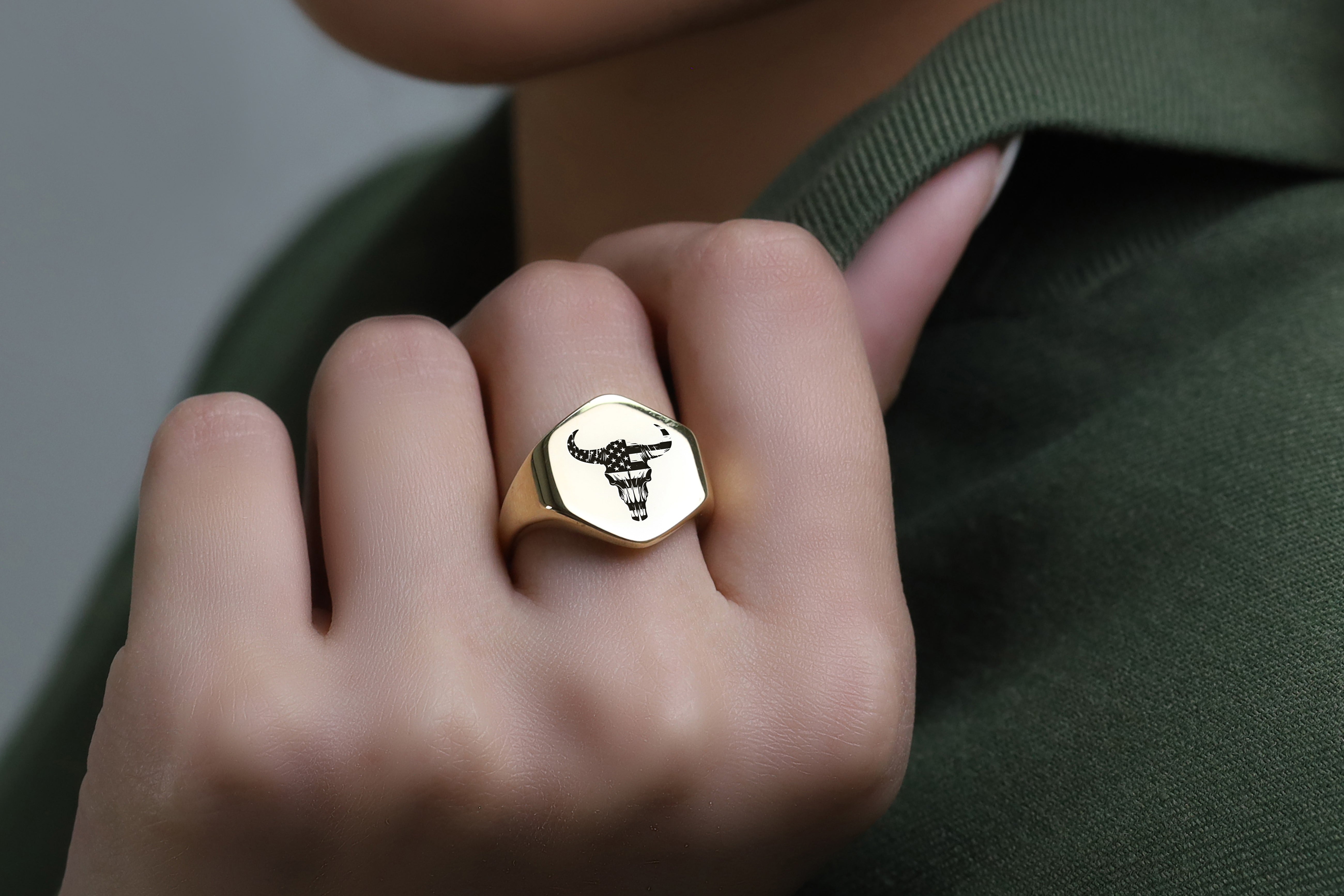 Engraved Cow Skull Ring