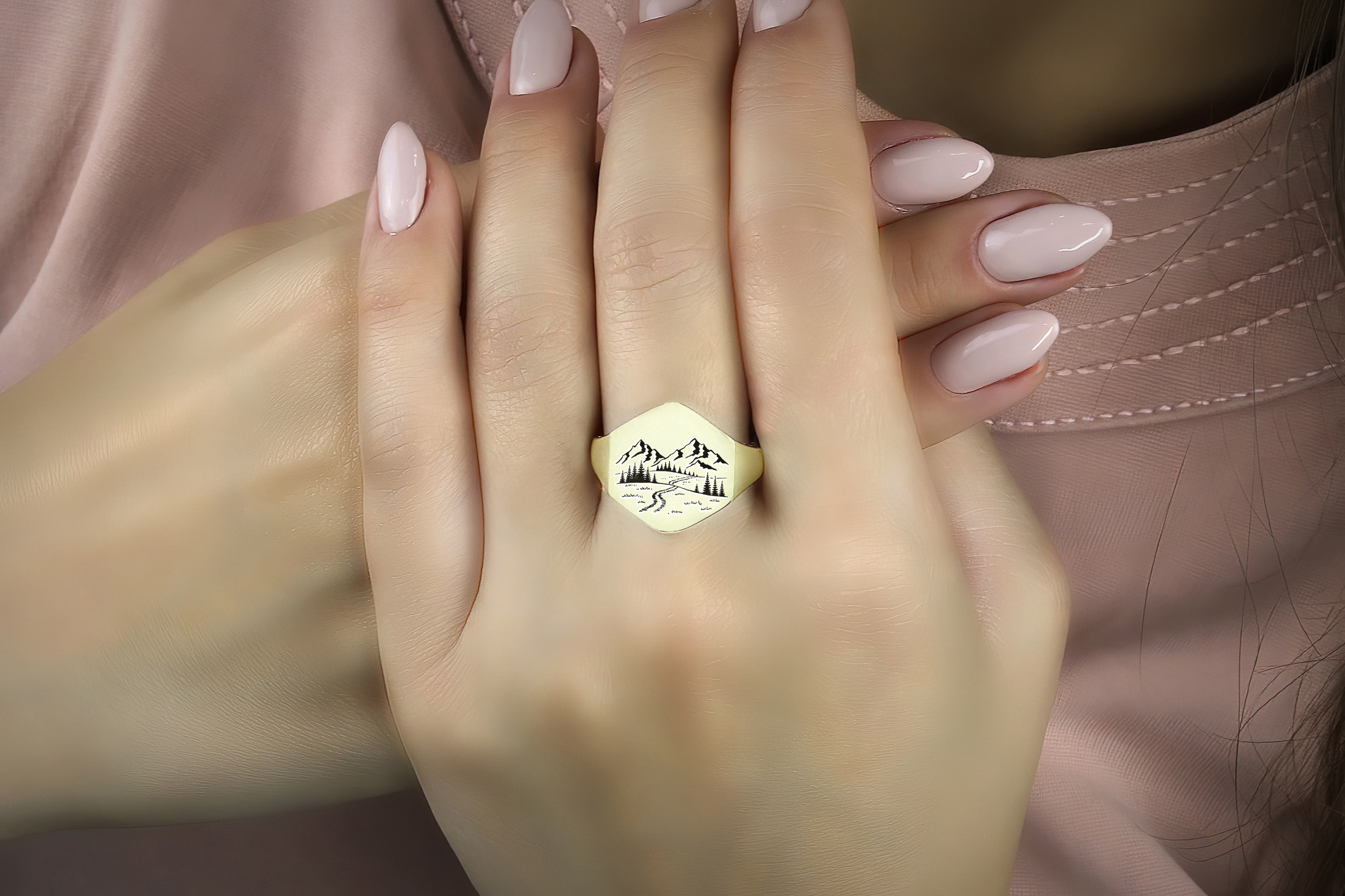 Engraved Forest Gold Signet Ring