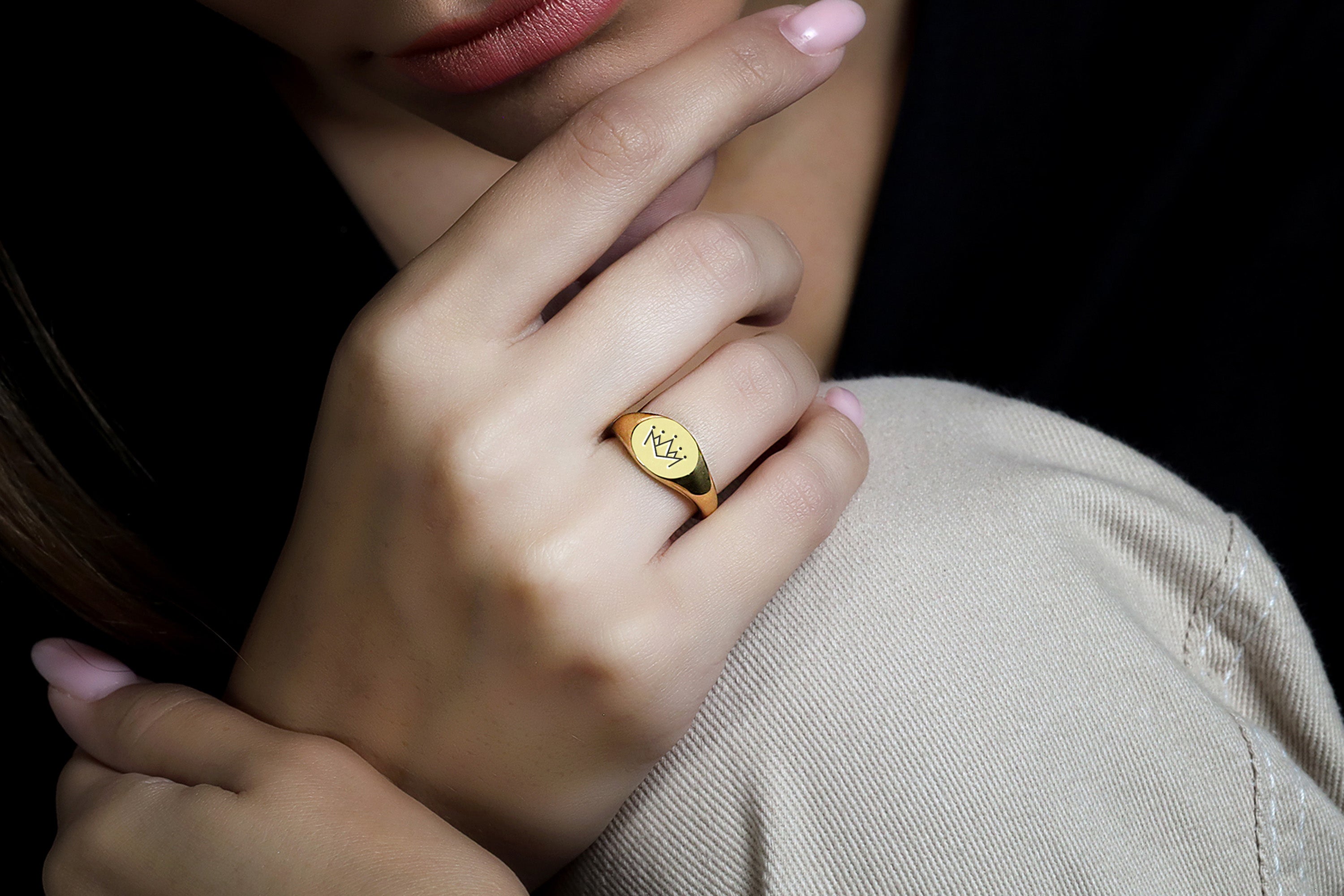 14k Gold Engraved Crown Signet Ring