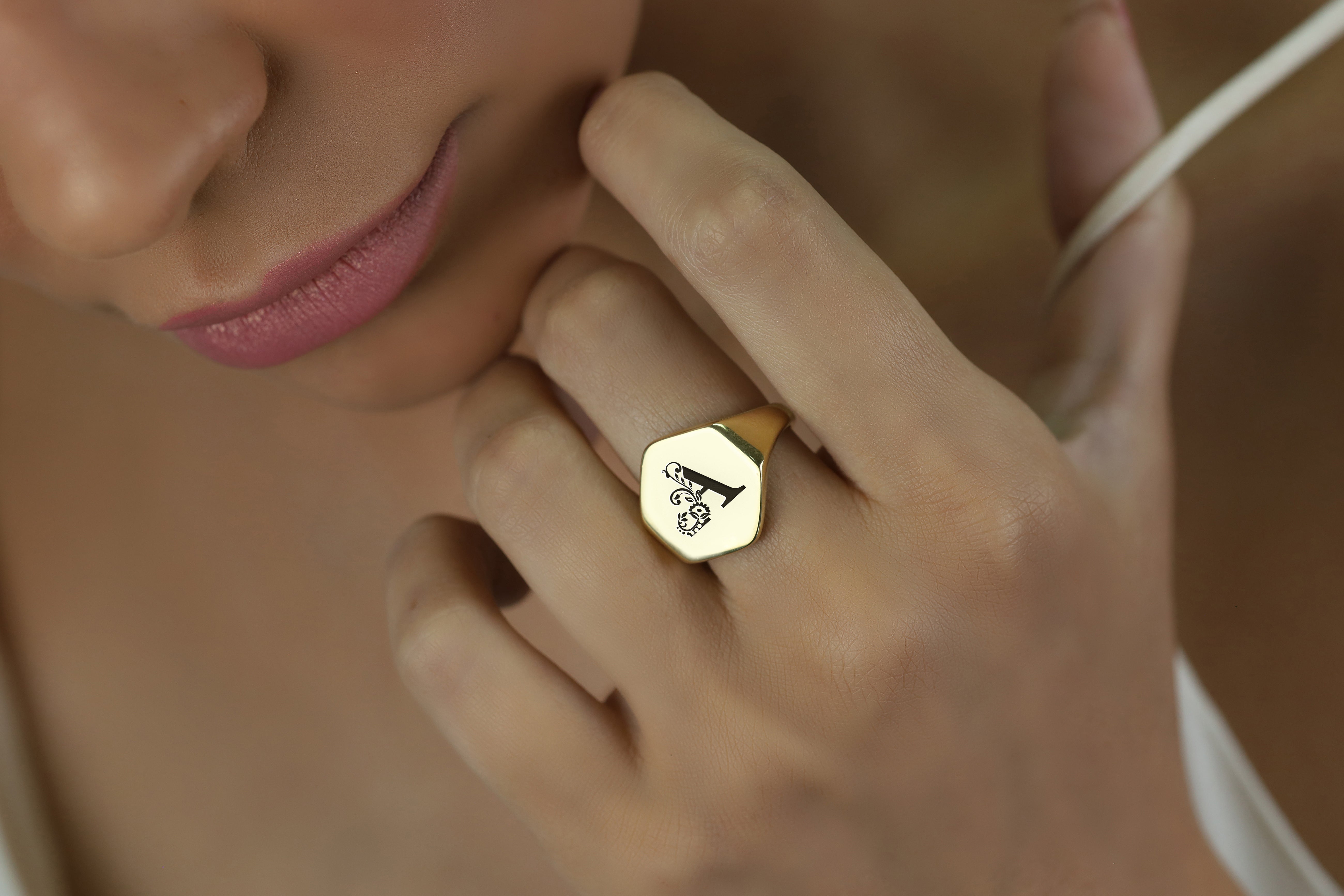 Flower Letter Gold Signet Ring