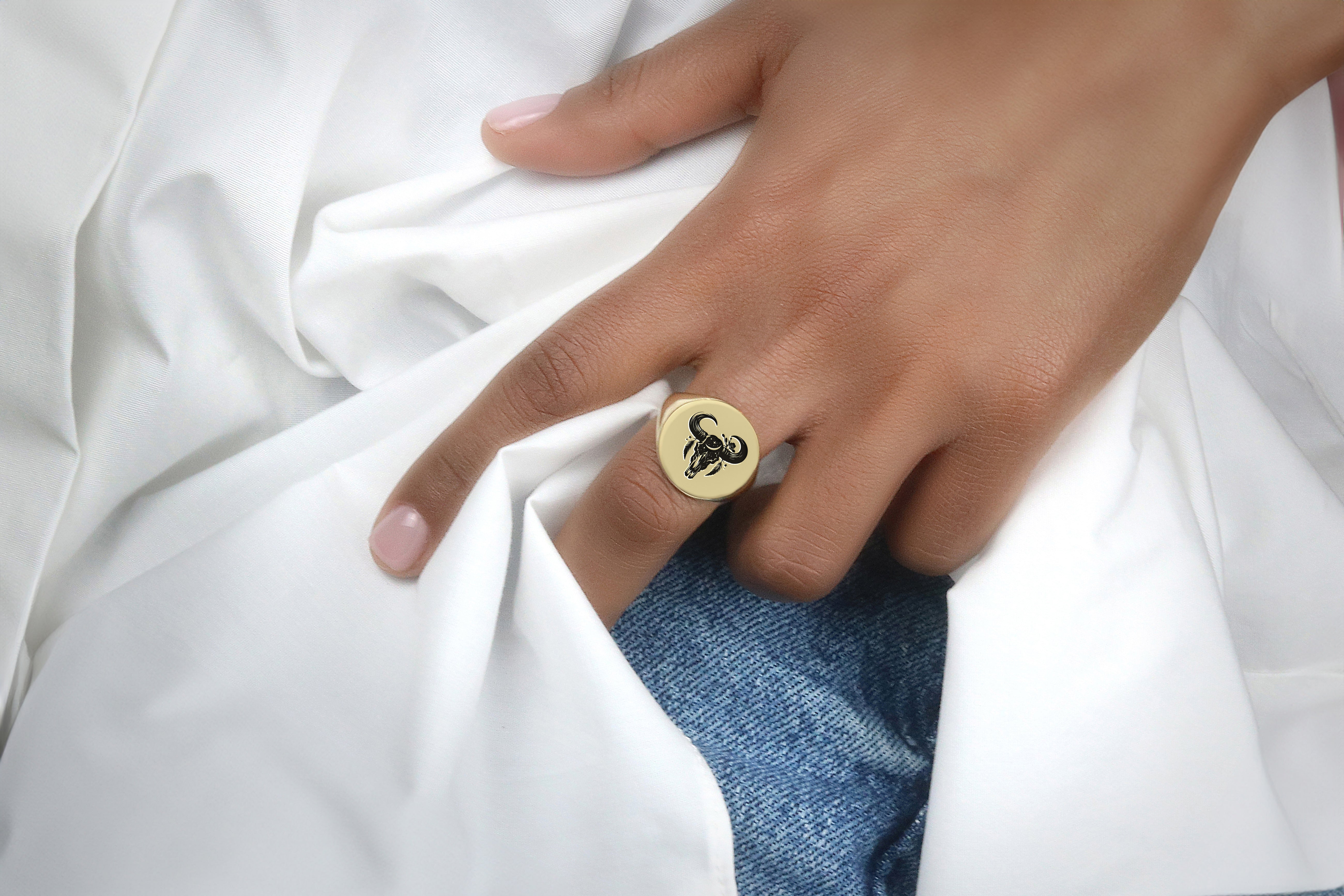 14k Gold Cow Skull Signet Ring