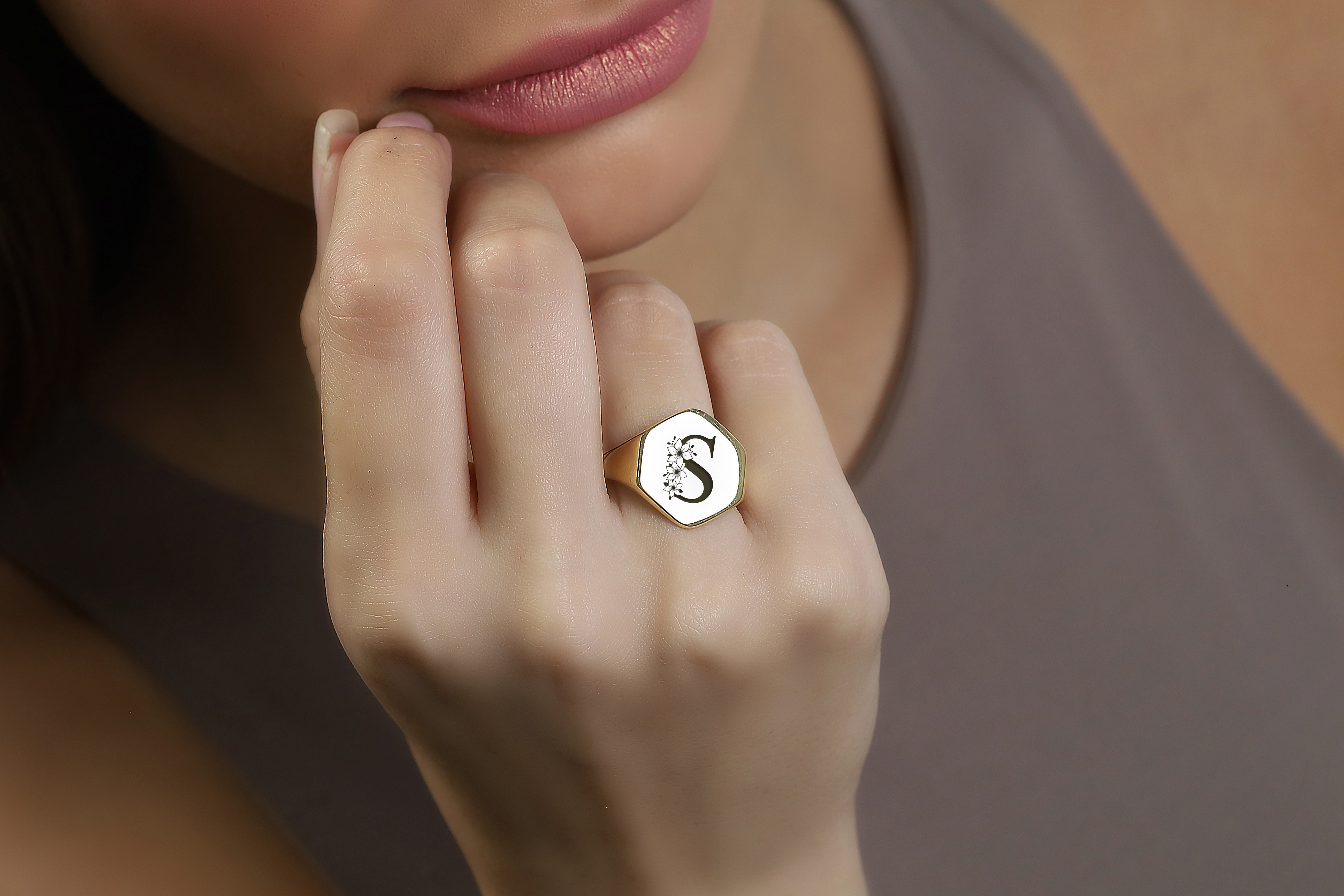 Flower Decorated Letter Gold Ring