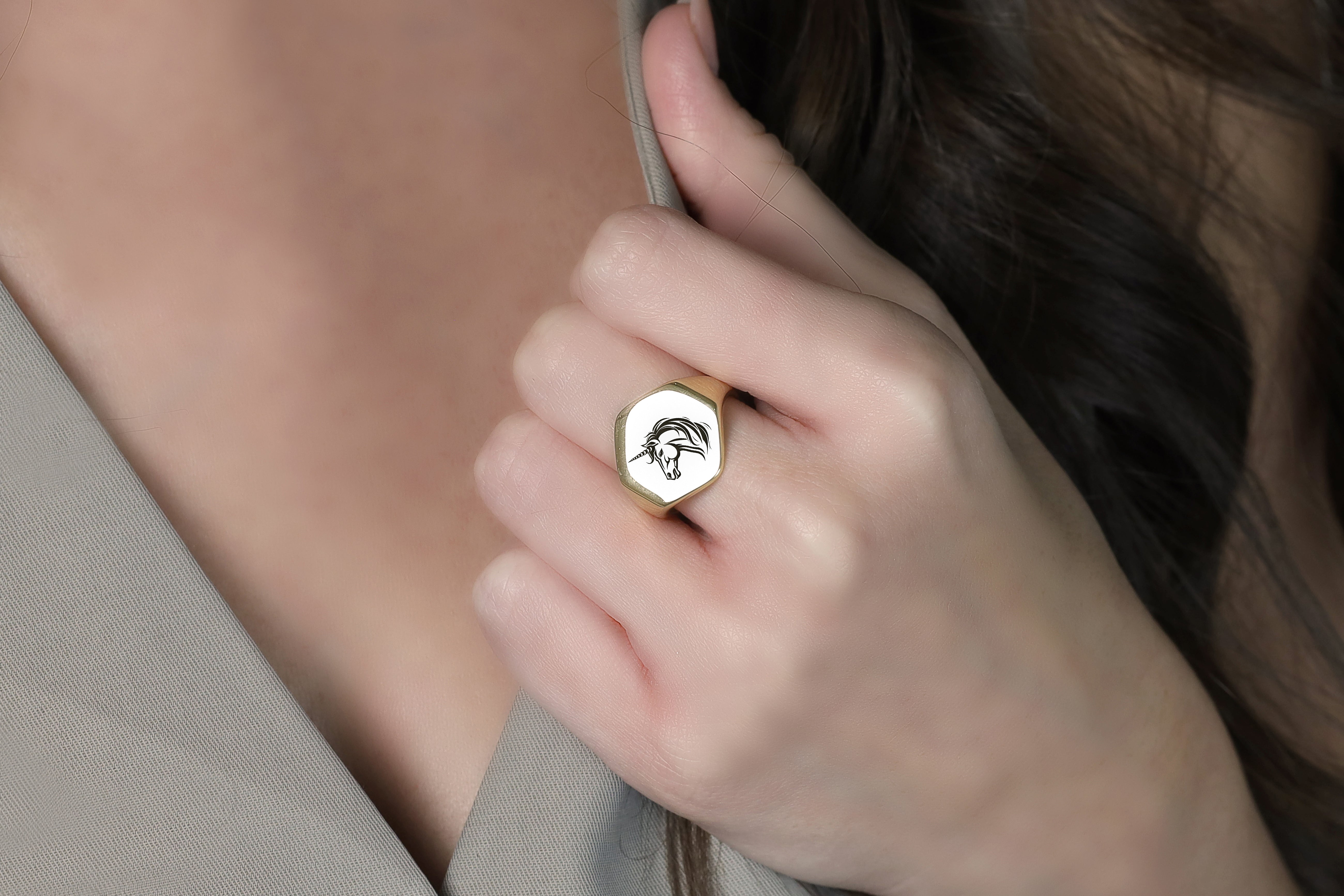 Unisex Hexagon Unicorn Gold Signet Ring