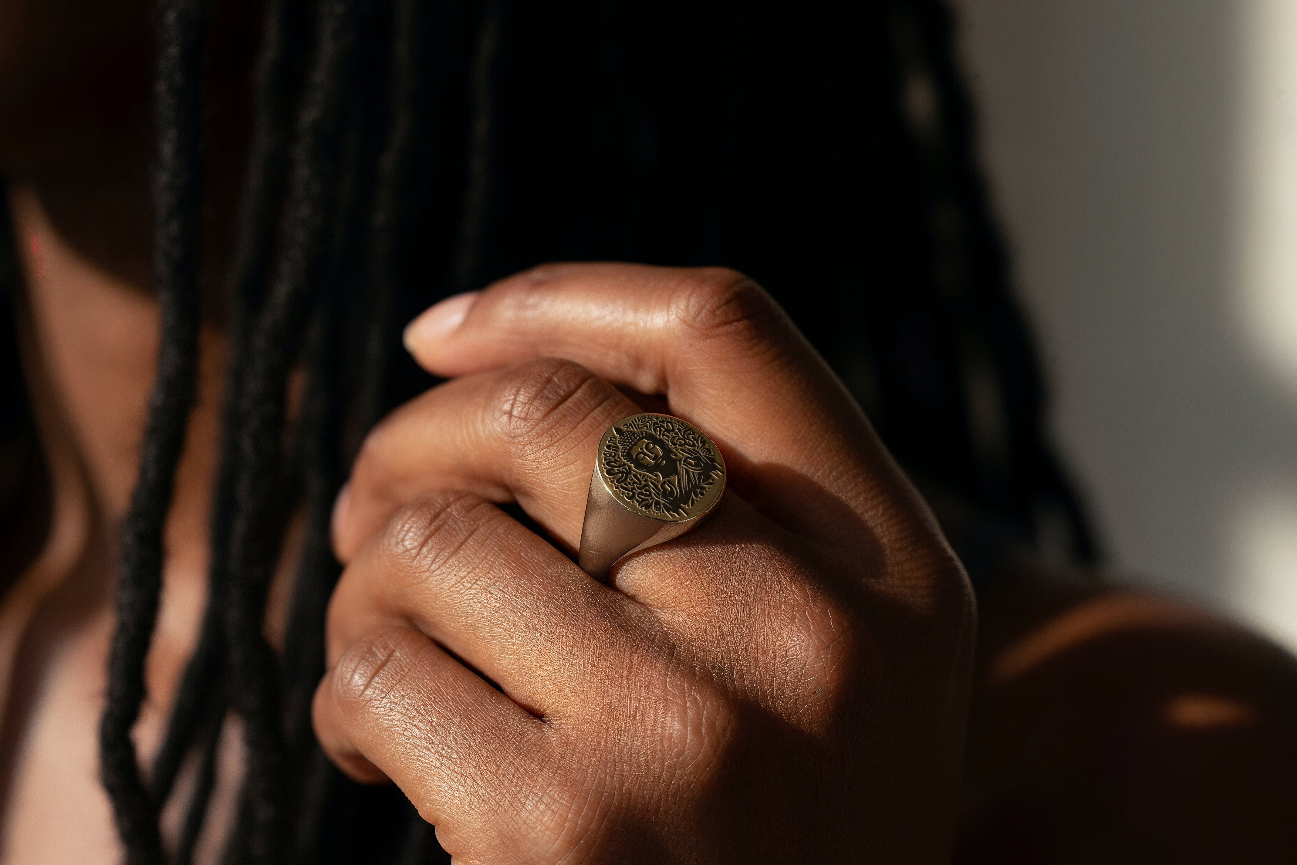 14k Gold Graffiti Buddha Signet Ring