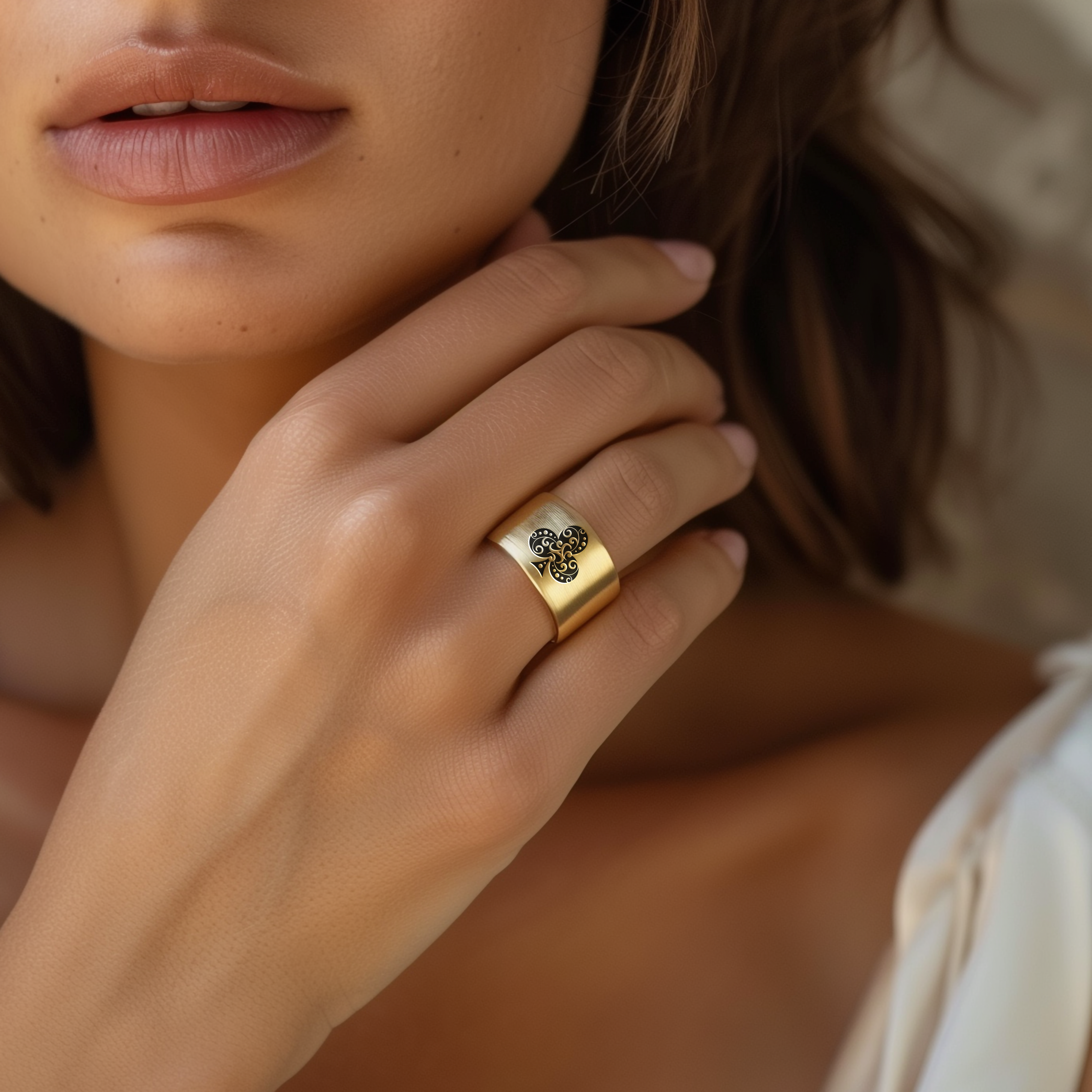 Poker Wide Brushed Gold Ring